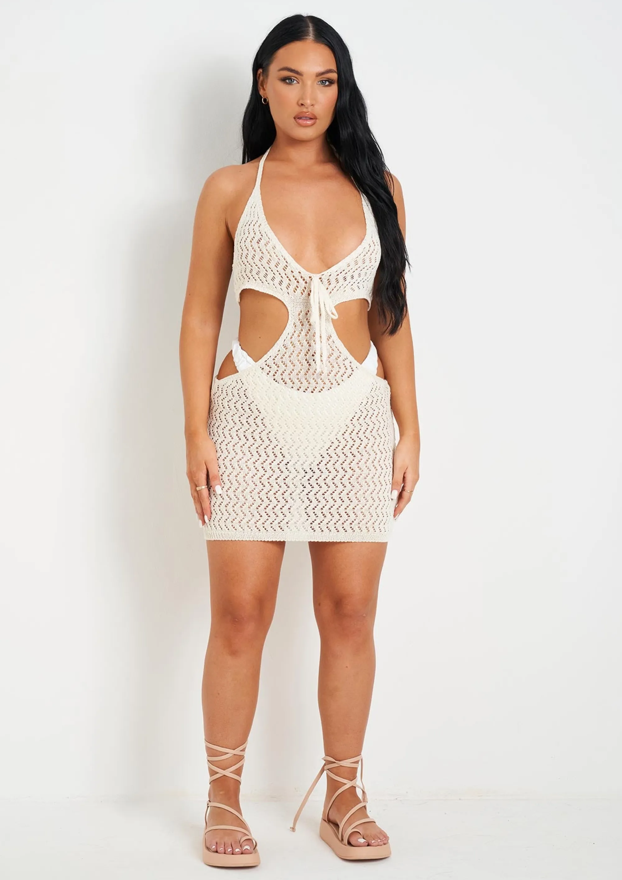 Missy Empire Aarya Cream Knit Cut Out Mini Dress^Women Dresses