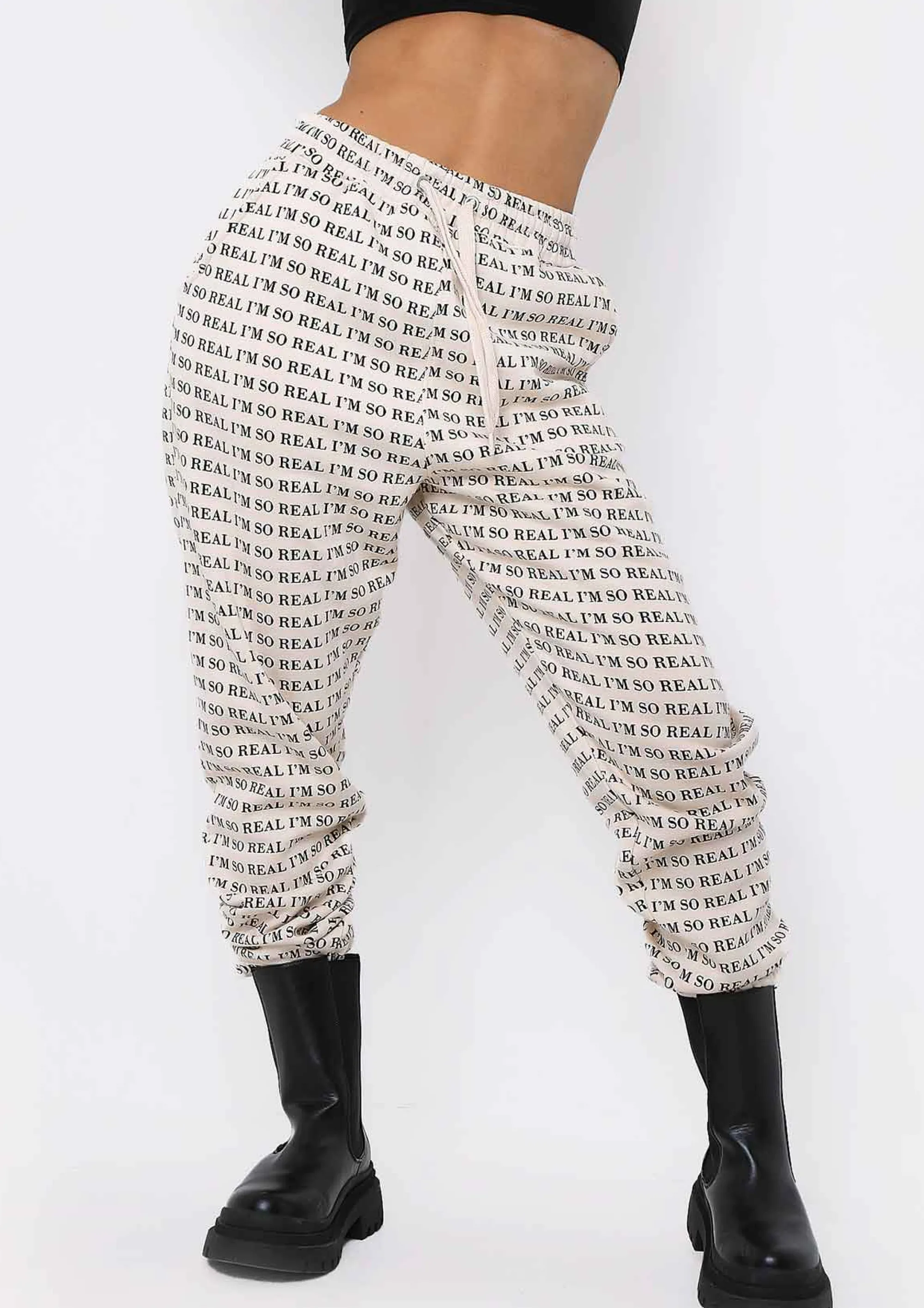 Missy Empire Adele Cream I'M Real Slogan Joggers^Women Loungewear