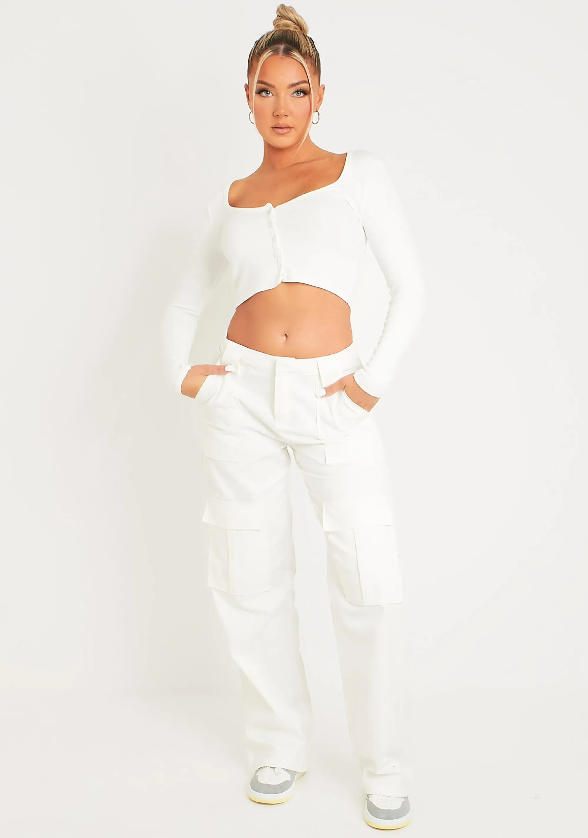 Missy Empire Alaia White Low Rise Cargo Trousers^Women Trousers