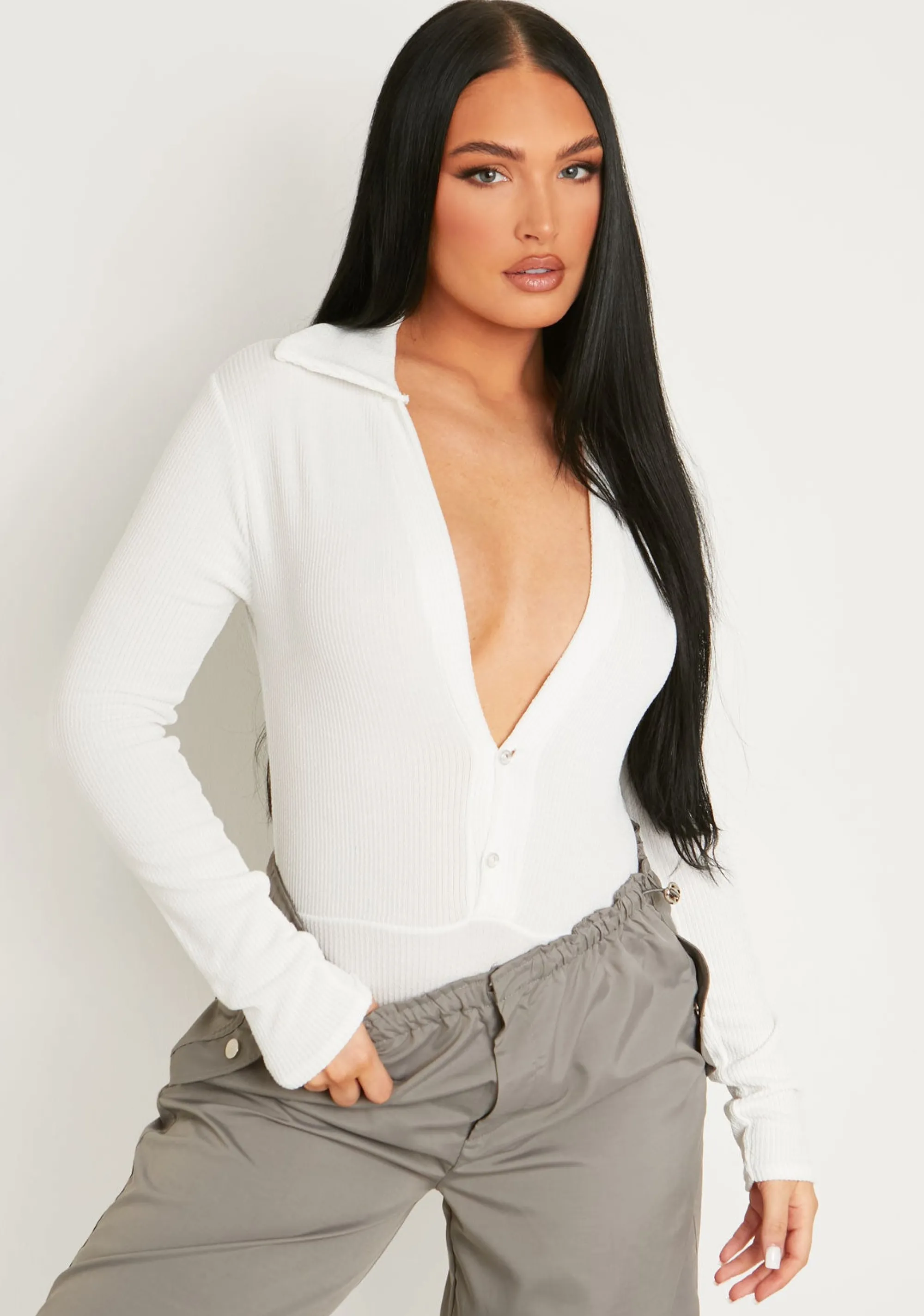 Missy Empire Alaina Cream Knitted Plunge Button Detail Bodysuit Online