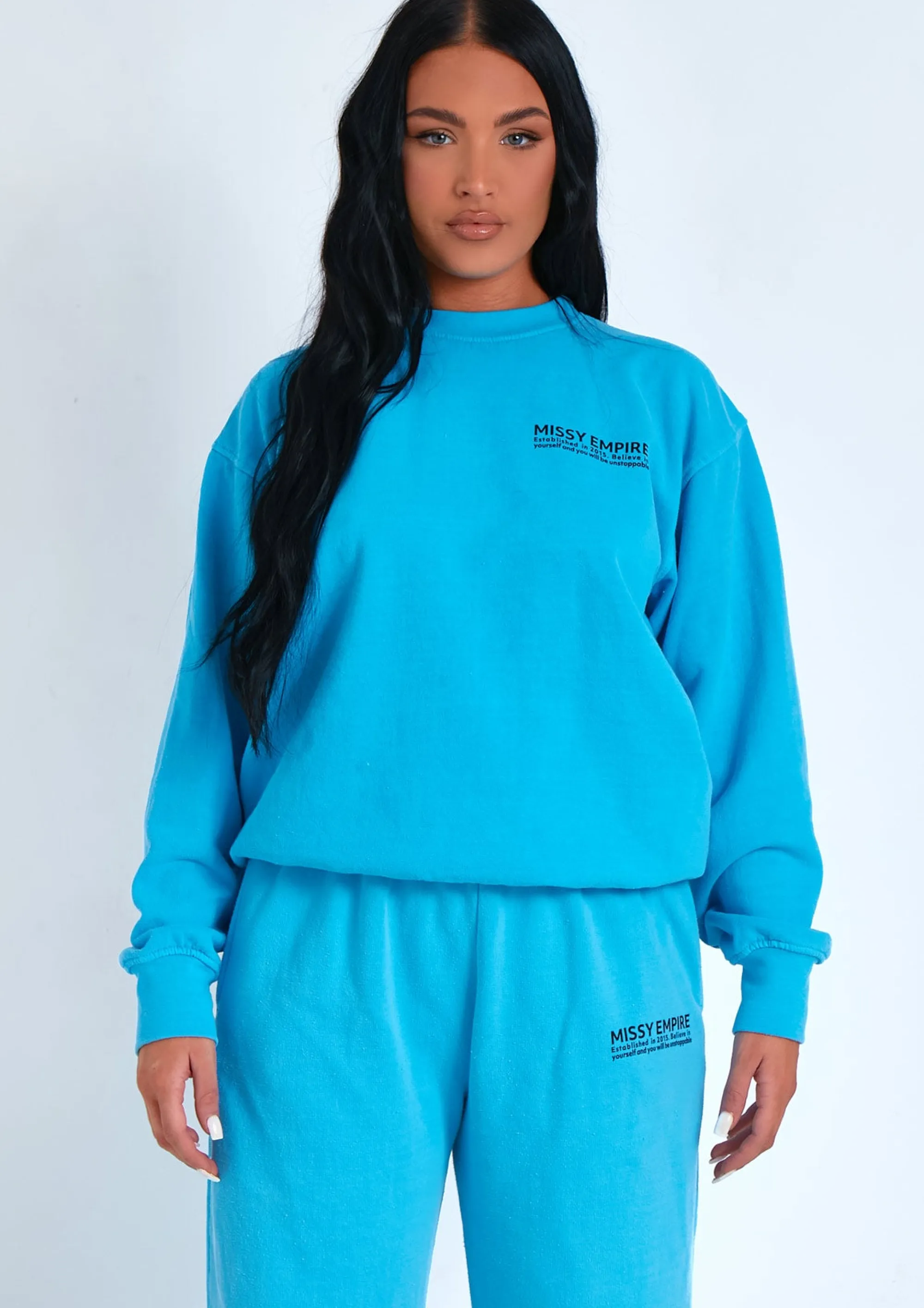 Missy Empire Alesha Blue Text Oversized Sweatshirt^Women Tracksuits