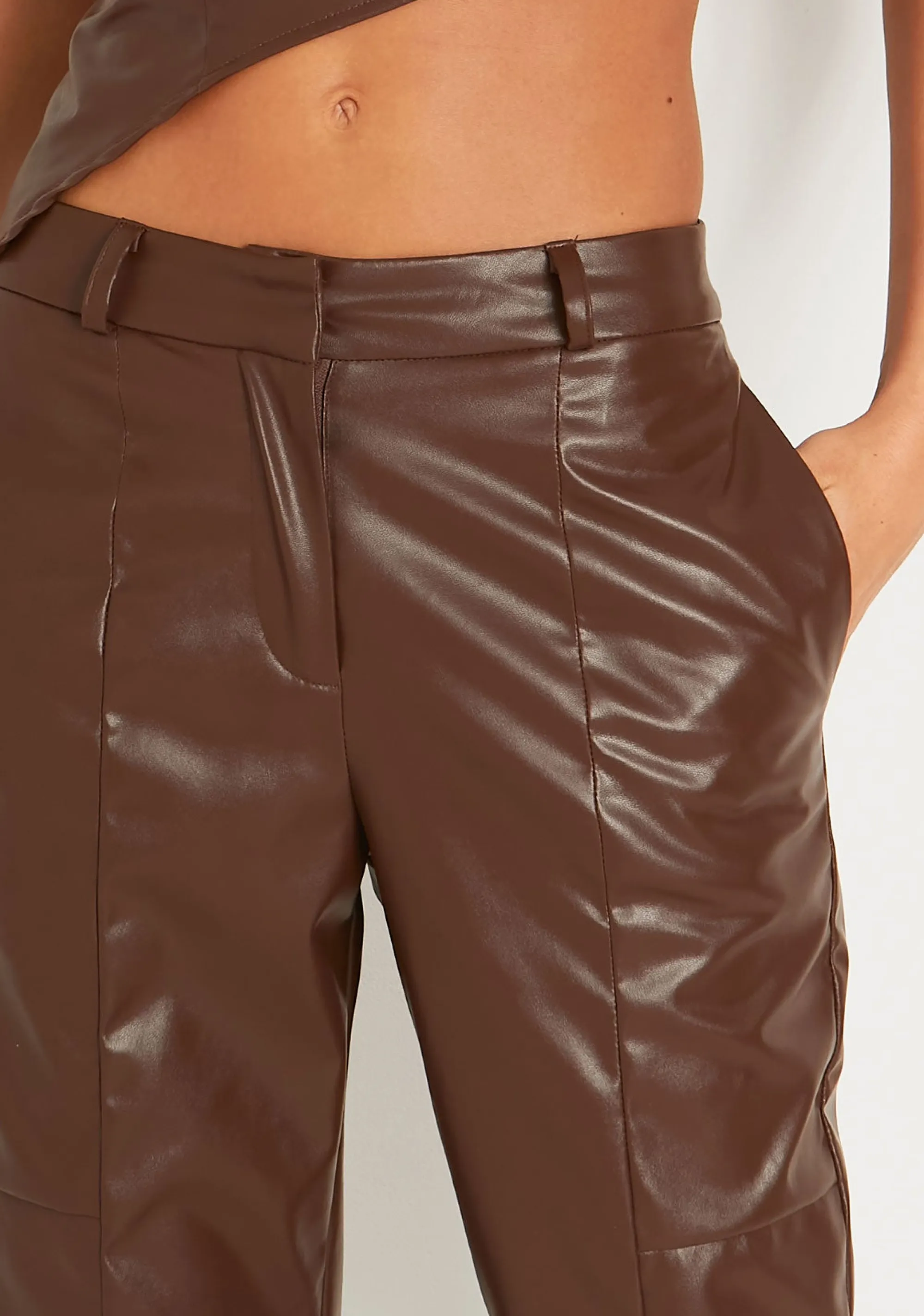 Missy Empire Alessia Brown Faux Leather Seam Detail Straight Leg Trousers^Women Trousers