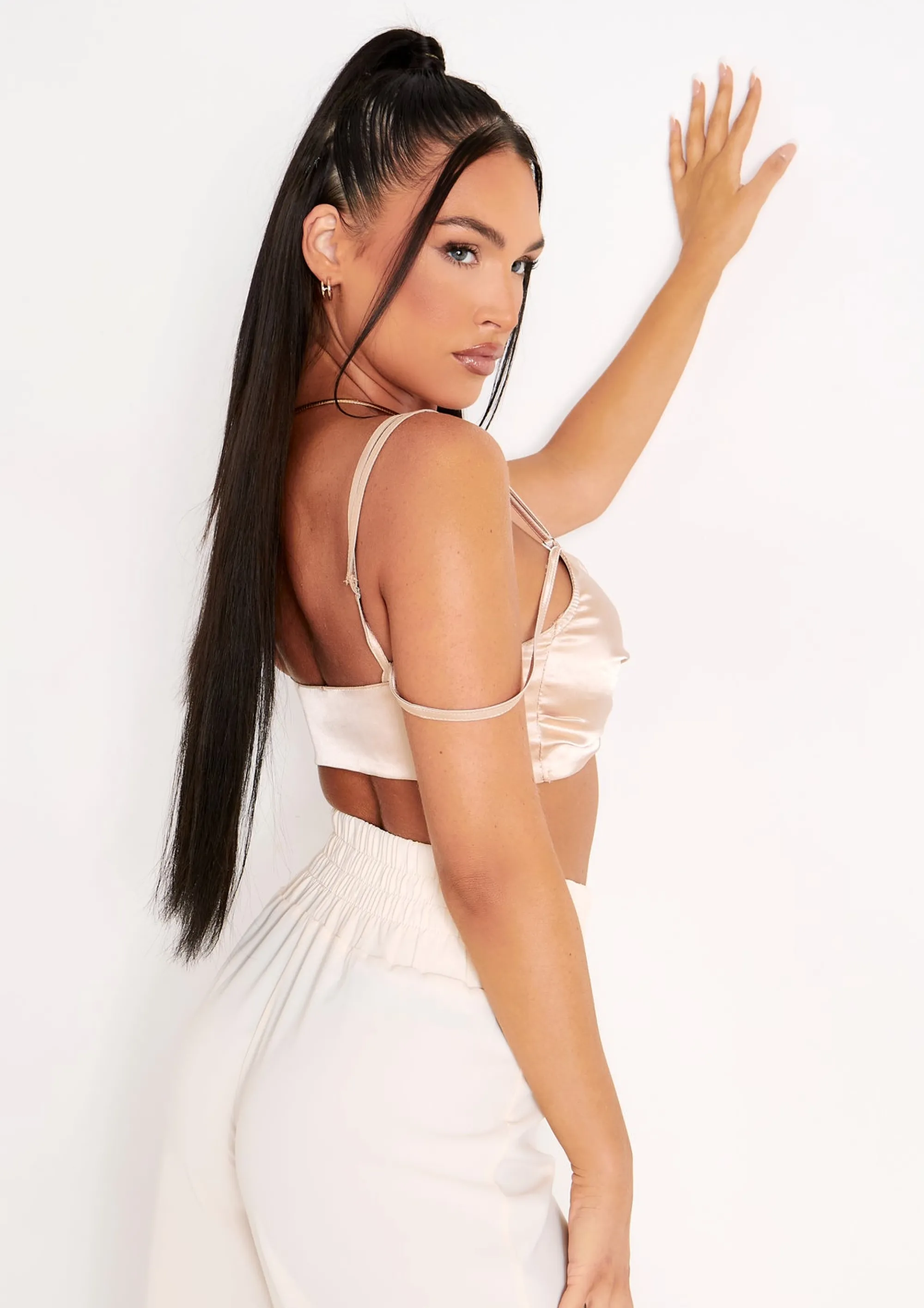Missy Empire Alessia Taupe Strap Detail Twist Front Satin Bralet Crop Top Online