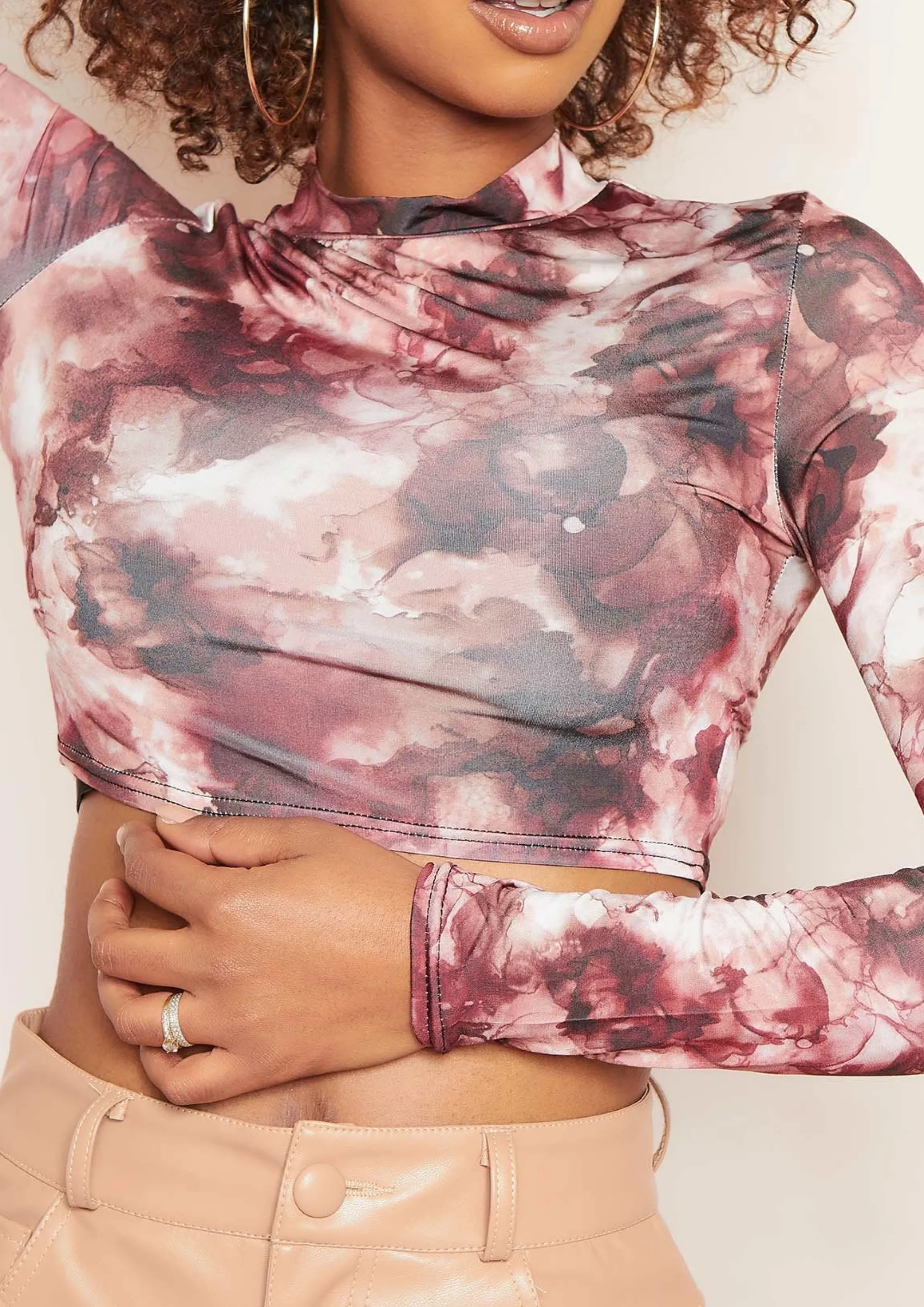 Missy Empire Alice Wine Smoke Print High Neck Long Sleeve Slinky Crop Top New