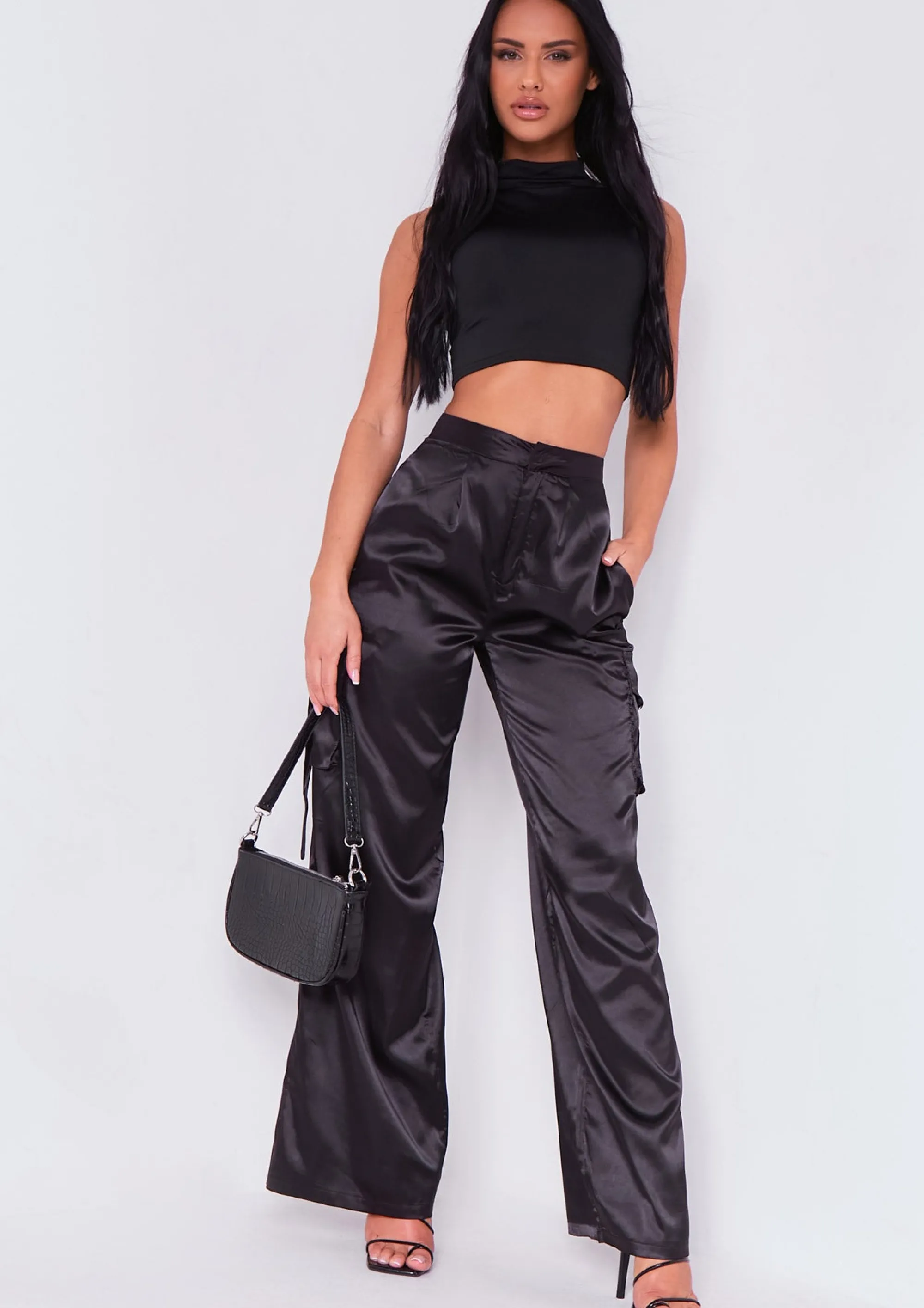 Missy Empire Alicia Black Satin Cargo Trouser^Women Trousers