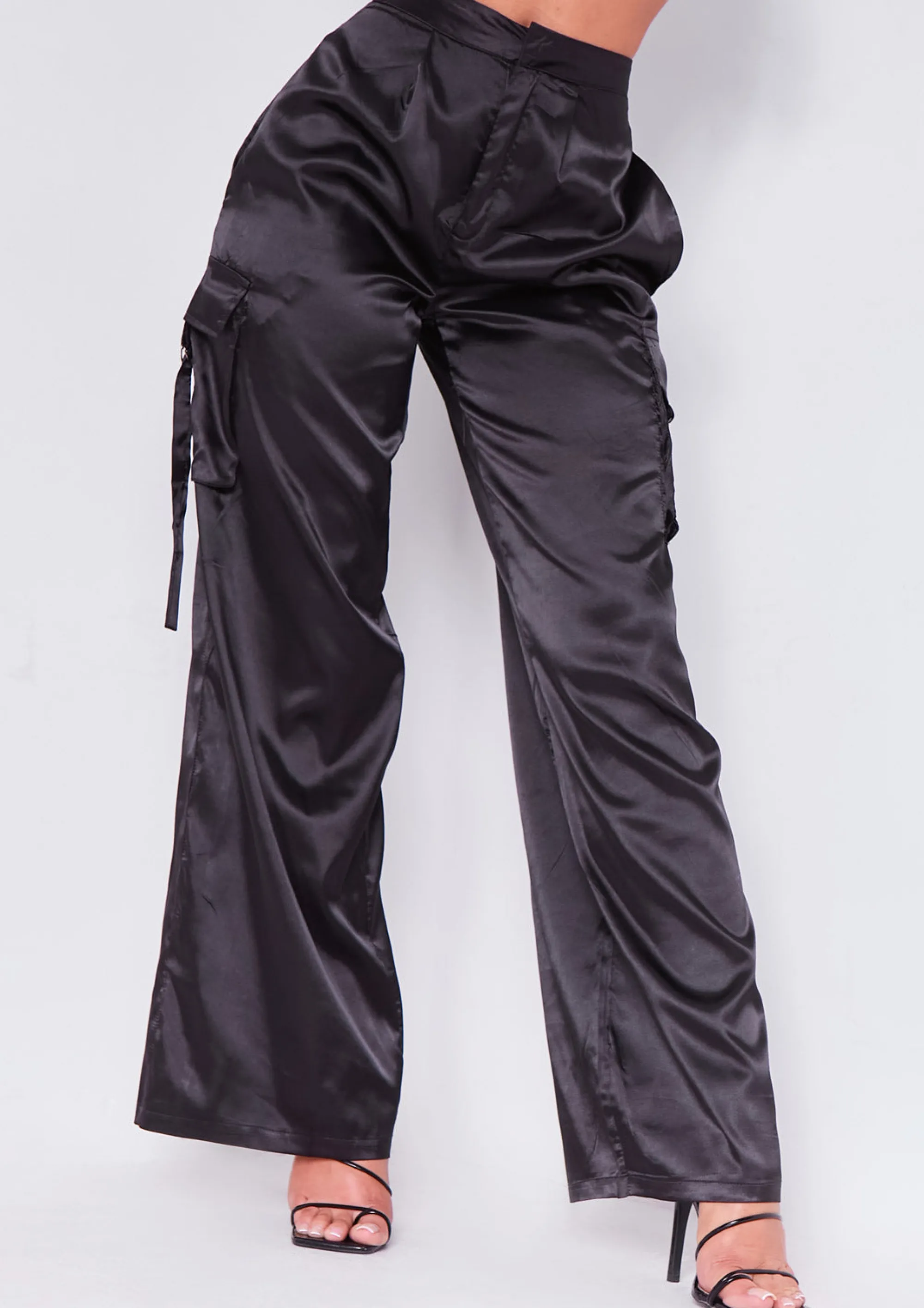 Missy Empire Alicia Black Satin Cargo Trouser^Women Trousers