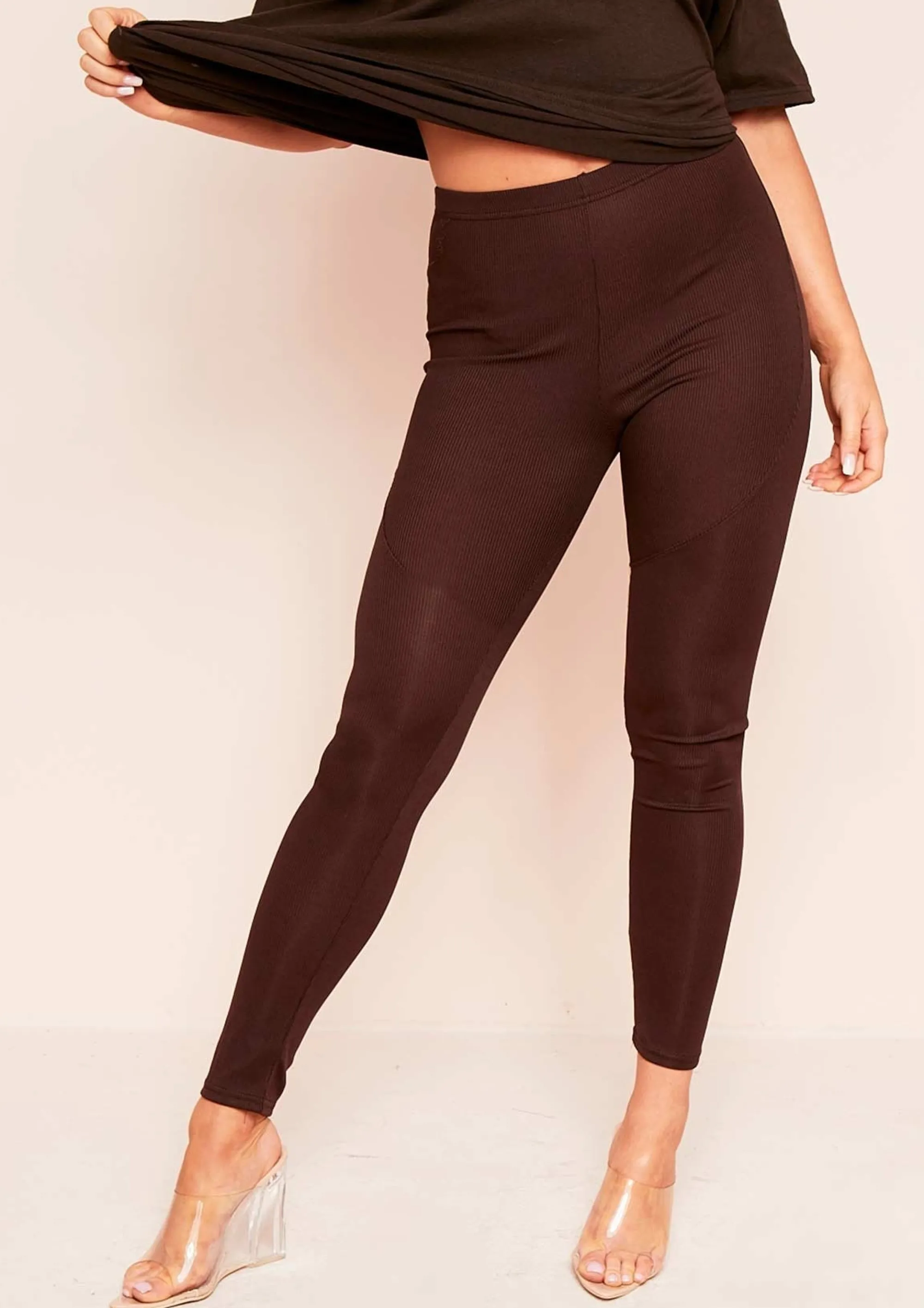 Missy Empire Alma Brown Stitch Detail Ribbed Leggings^Women Loungewear