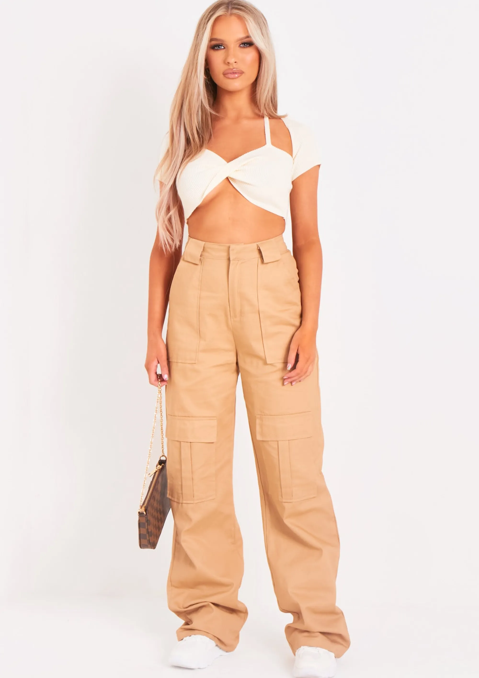 Missy Empire Amaia Beige High Waisted Cargo Trousers^Women Trousers