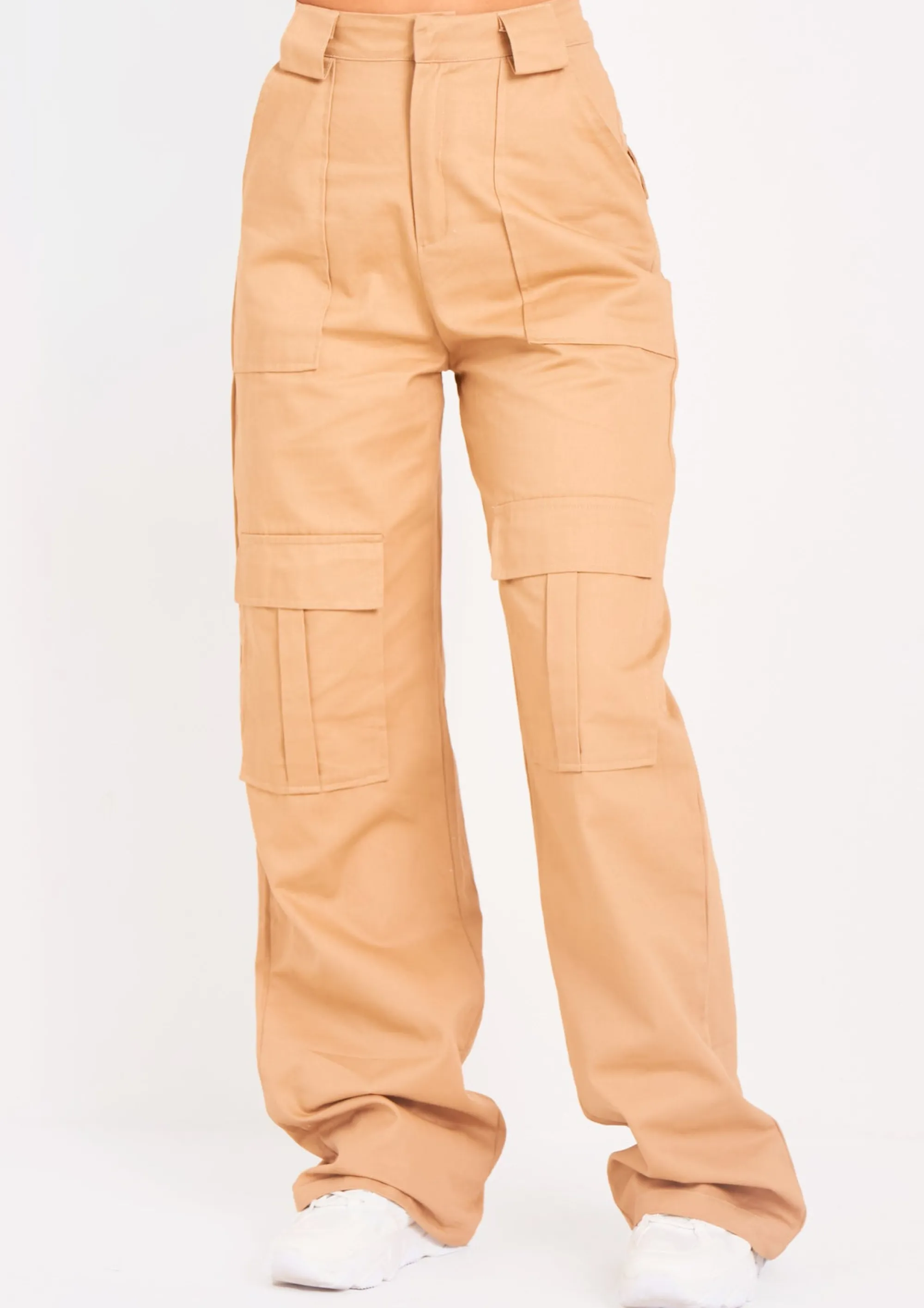 Missy Empire Amaia Beige High Waisted Cargo Trousers^Women Trousers