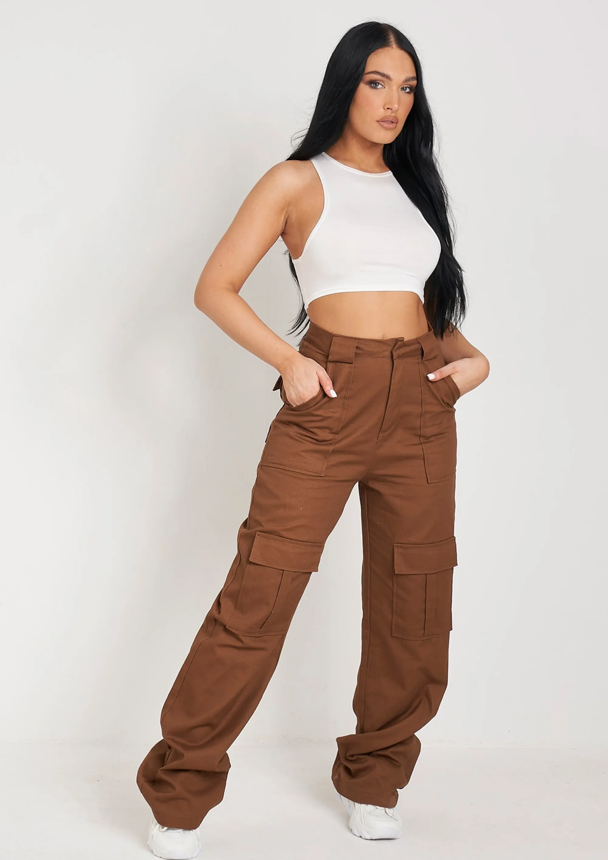 Missy Empire Amaia Chocolate High Rise Cargo Trousers^Women Trousers