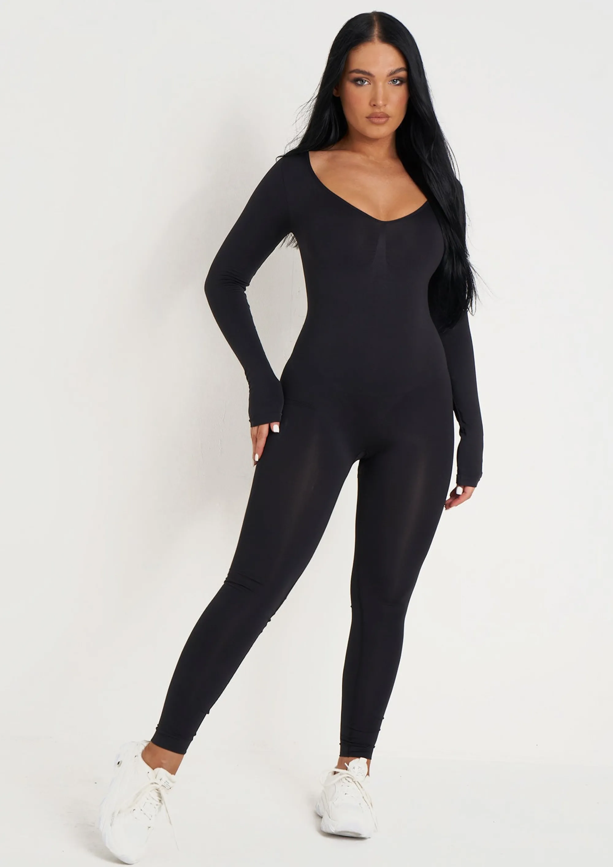 Missy Empire Amelia Black Seamless Long Sleeve Plunge Jumpsuit^Women Seamless & Shapewear