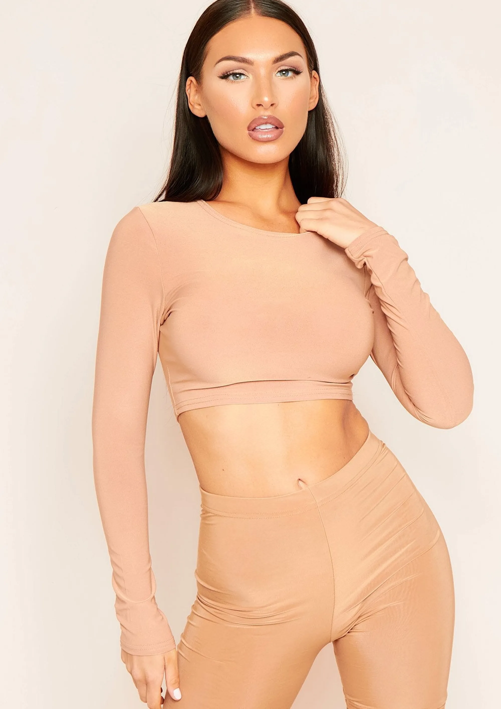 Missy Empire Amida Camel Long Sleeve Crew Neck Smooth Crop Top Hot