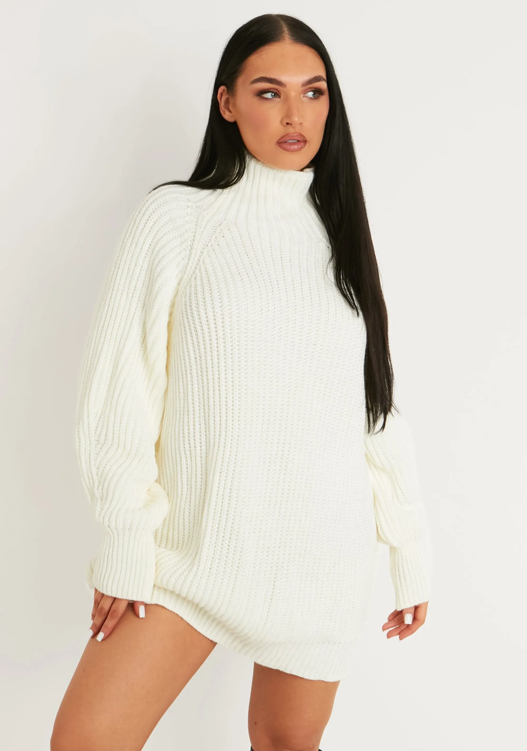 Missy Empire Amie Cream Chunky Knit Jumper Dress^Women Dresses