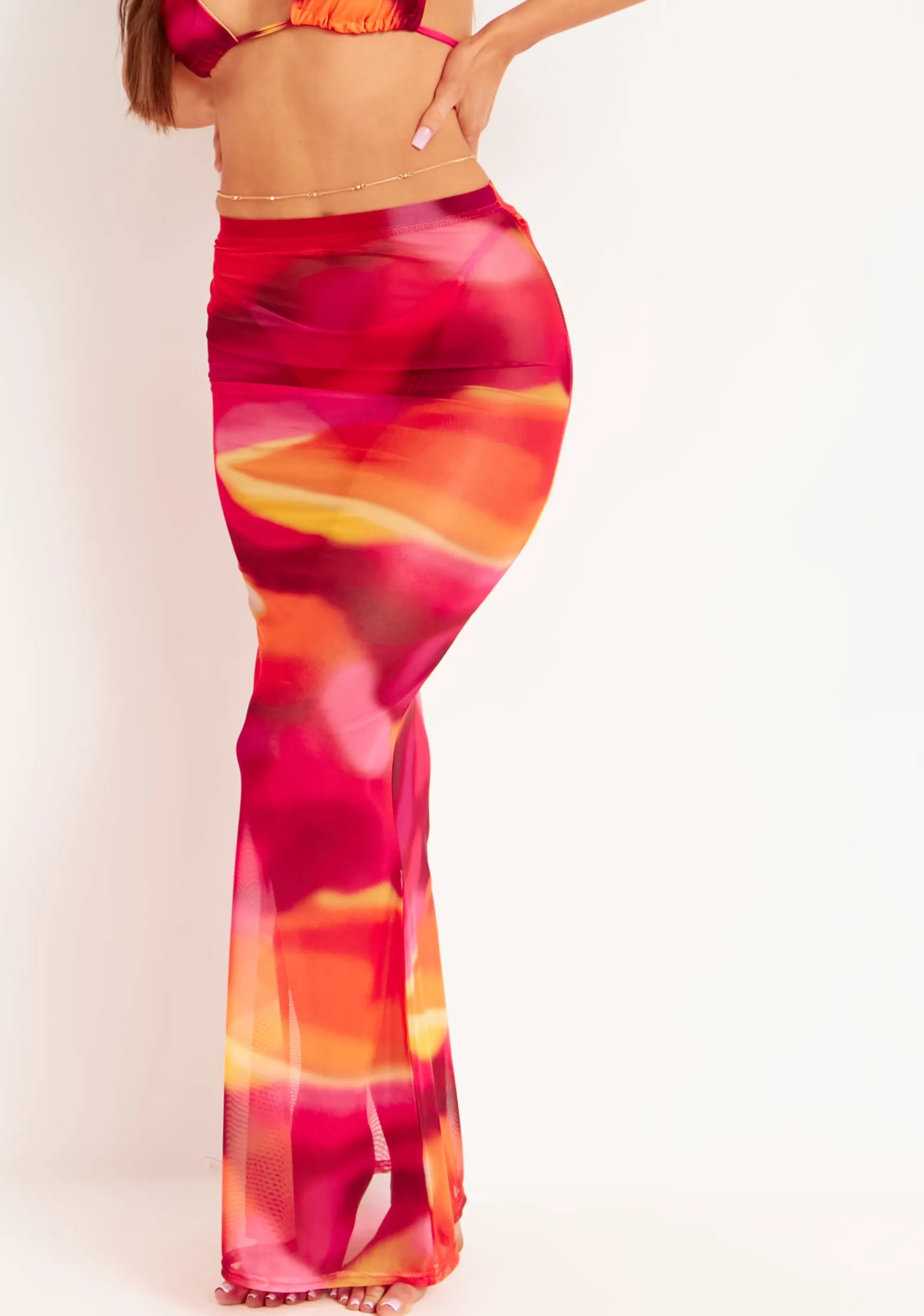 Missy Empire Amirah Orange Multi Mesh Printed Maxi Skirt Sale