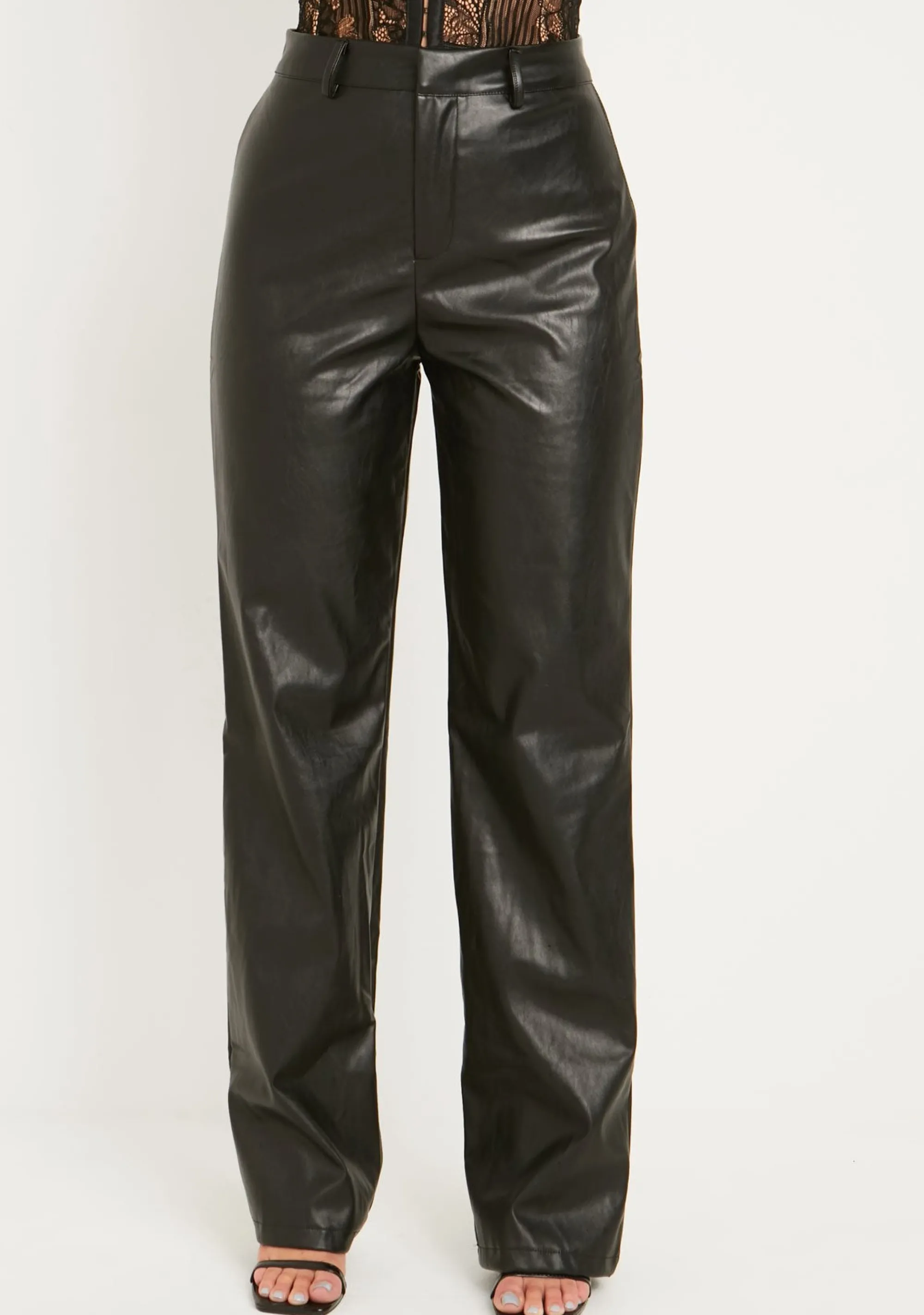 Missy Empire Aneeyah Black Pu Straight Leg Trousers^Women Trousers