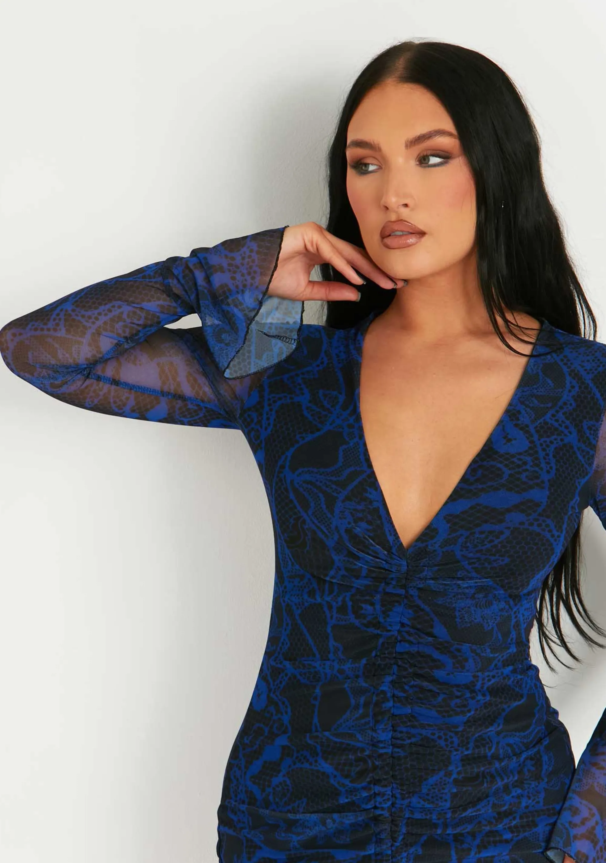 Missy Empire Aniyah Blue Mesh Long Flared Sleeve Front Ruched Mini Dress^Women Dresses