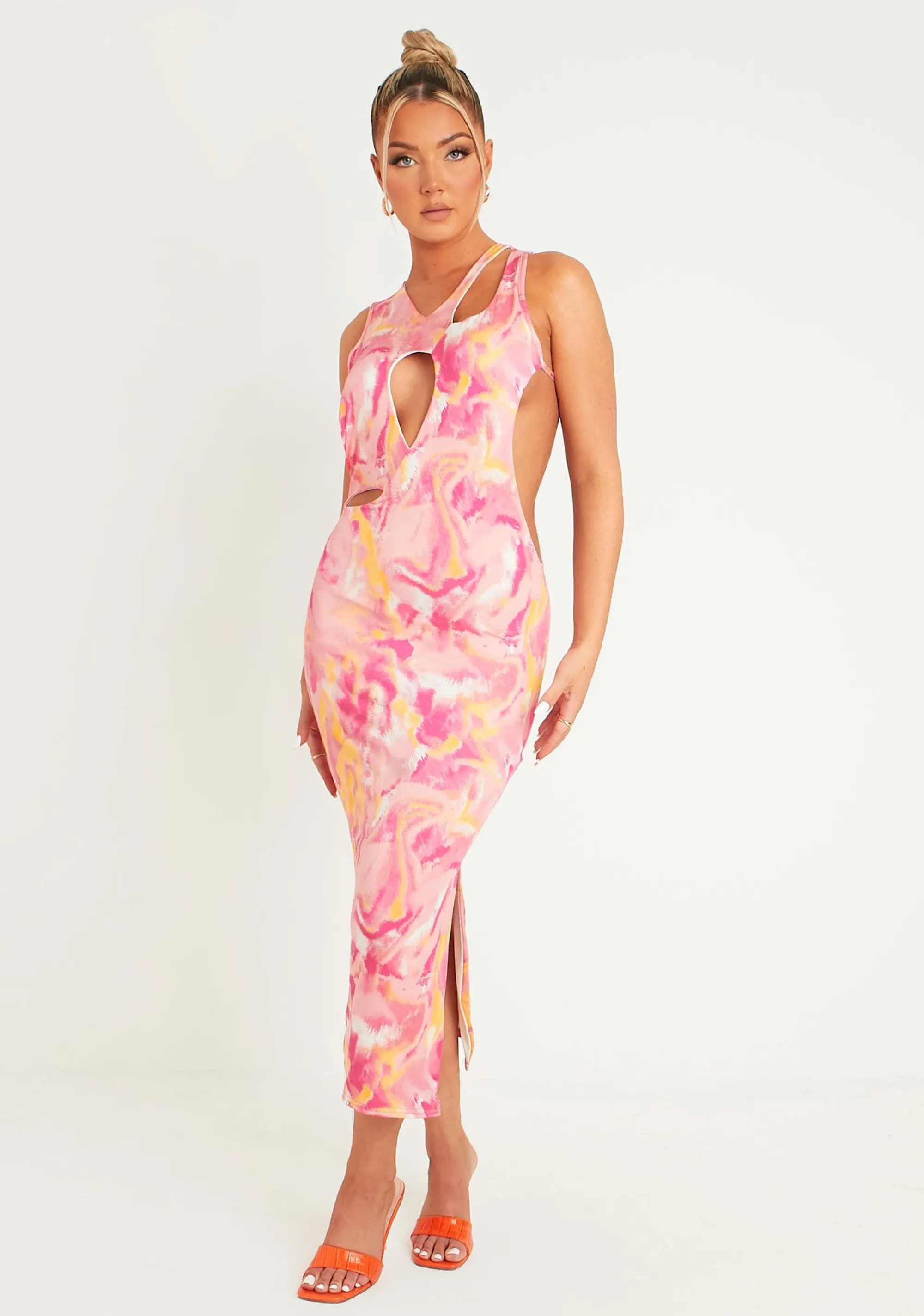 Missy Empire Aniyah Pink Abstract Print Midaxi Cut Out Dress^Women Dresses