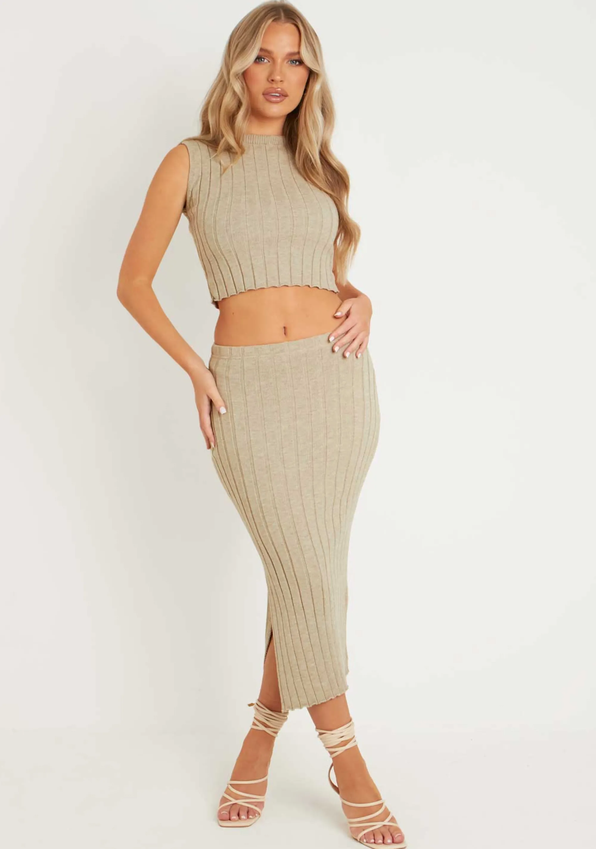 Missy Empire Antonia Stone Knitted Maxi Skirt With Split Discount