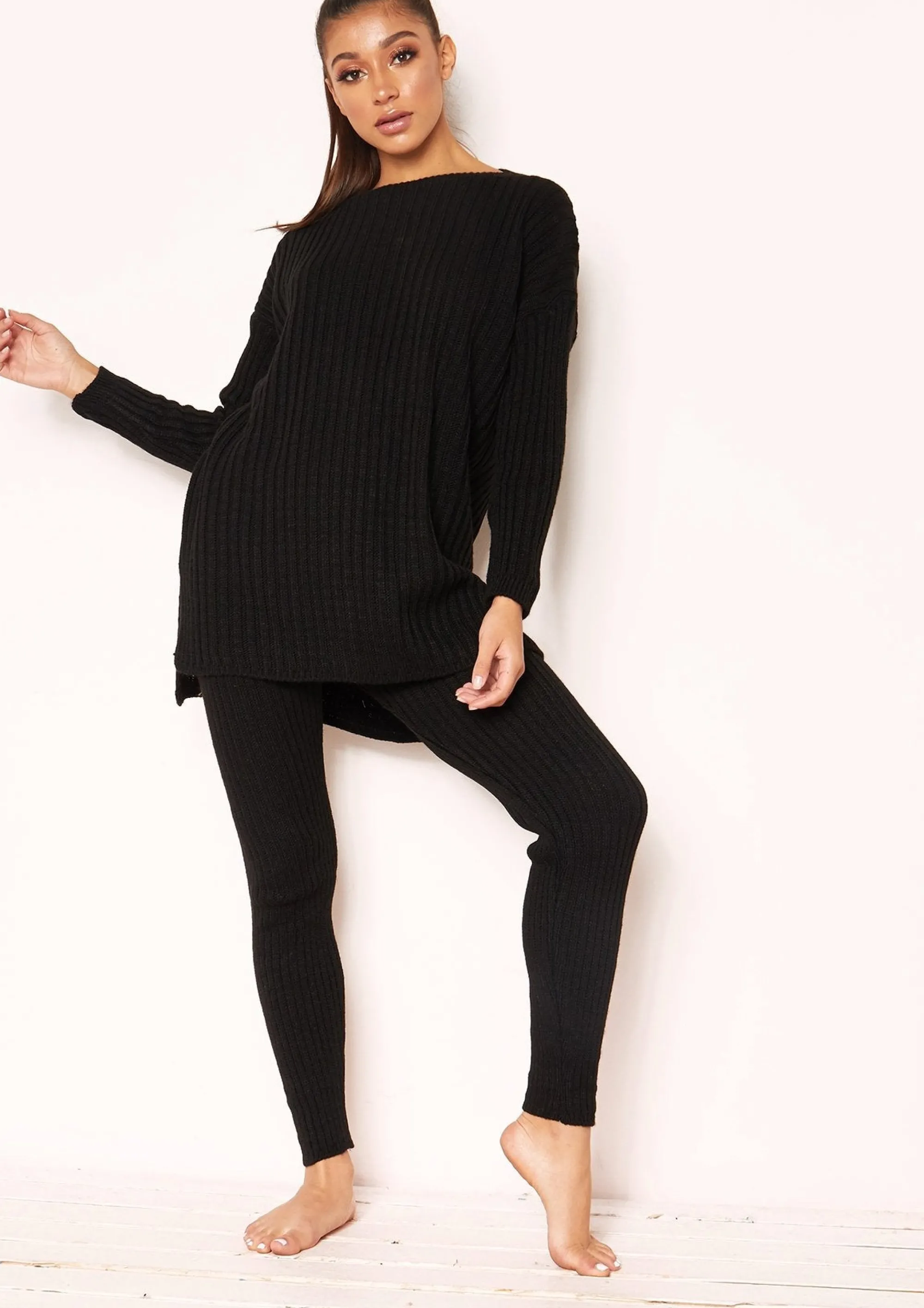 Missy Empire Anya Black Knit Jumper Loungewear Set^Women Loungewear