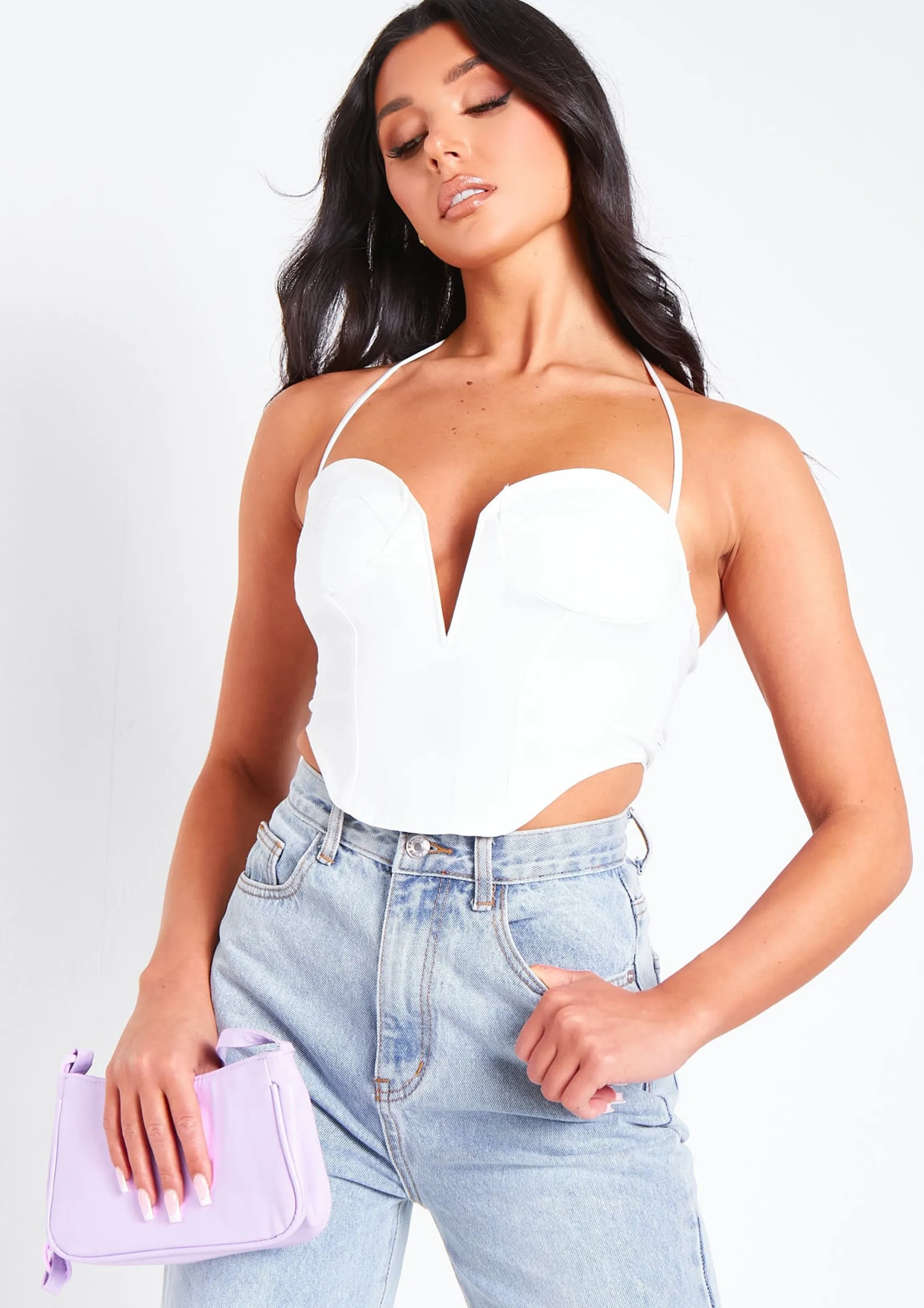 Missy Empire Arden Ivory Halterneck Corset Plunge Top Best