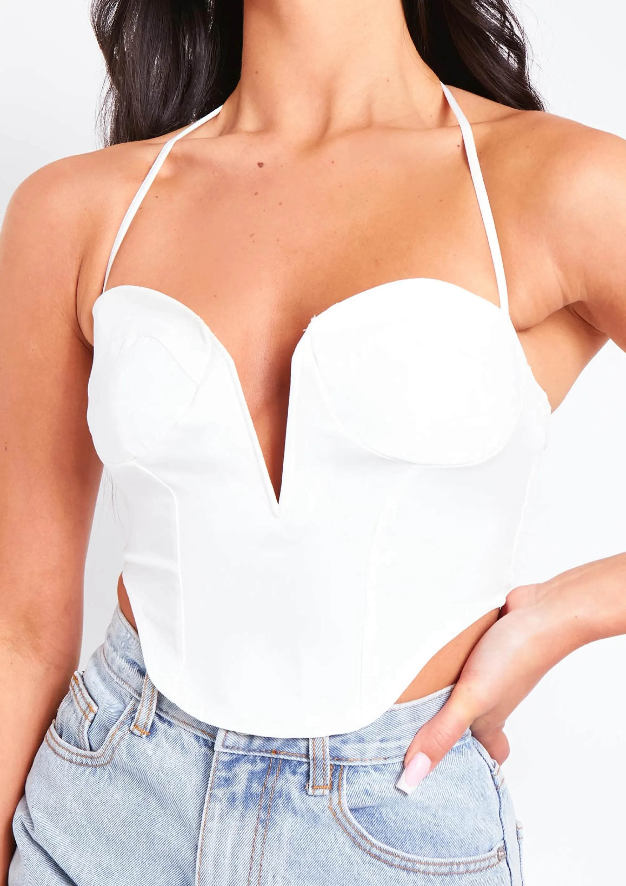 Missy Empire Arden Ivory Halterneck Corset Plunge Top Best