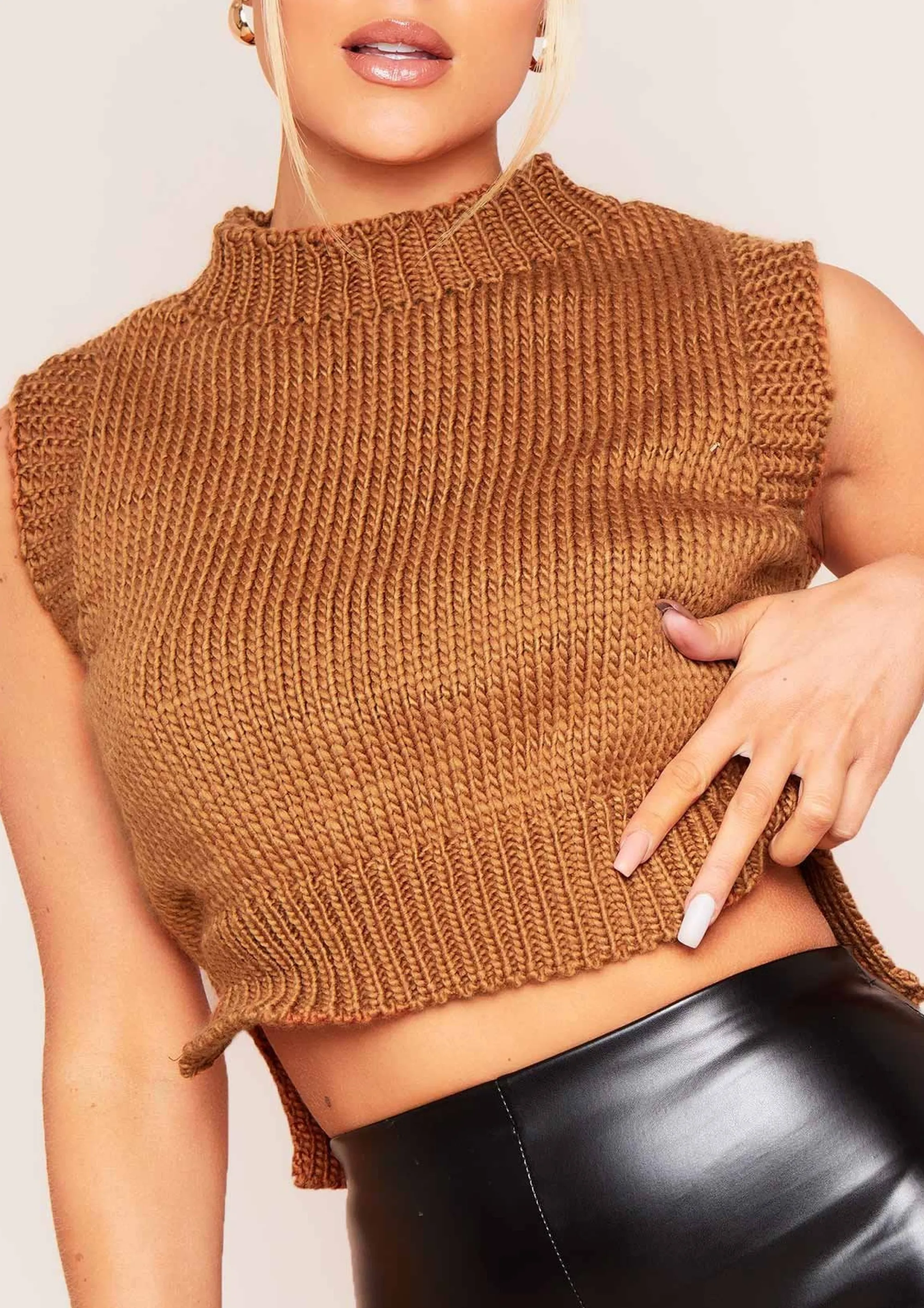 Missy Empire Ariana Camel Cropped Knitted Sleeveless Vest Flash Sale