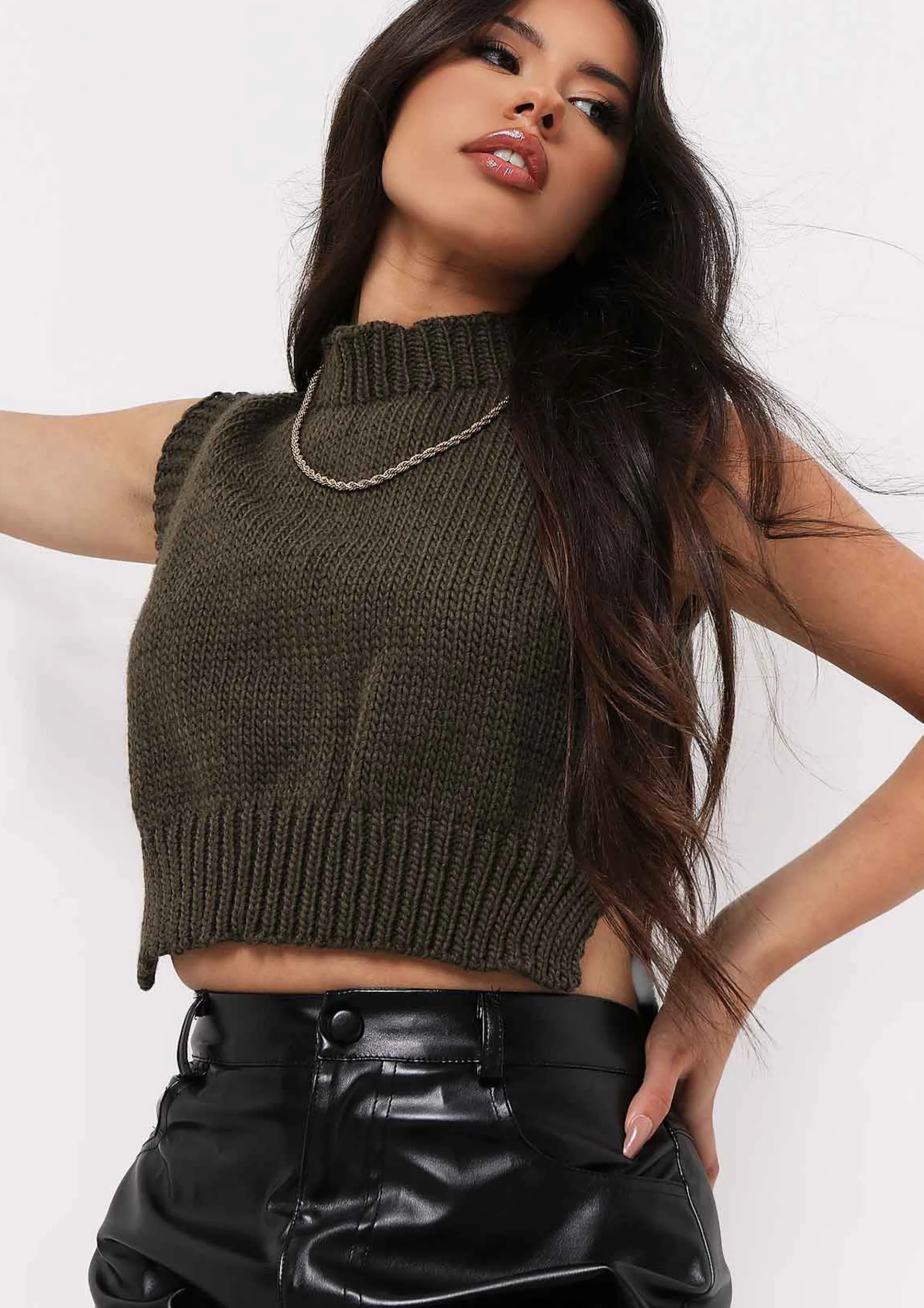 Missy Empire Ariana Khaki Cropped Knitted Sleeveless Vest Best Sale