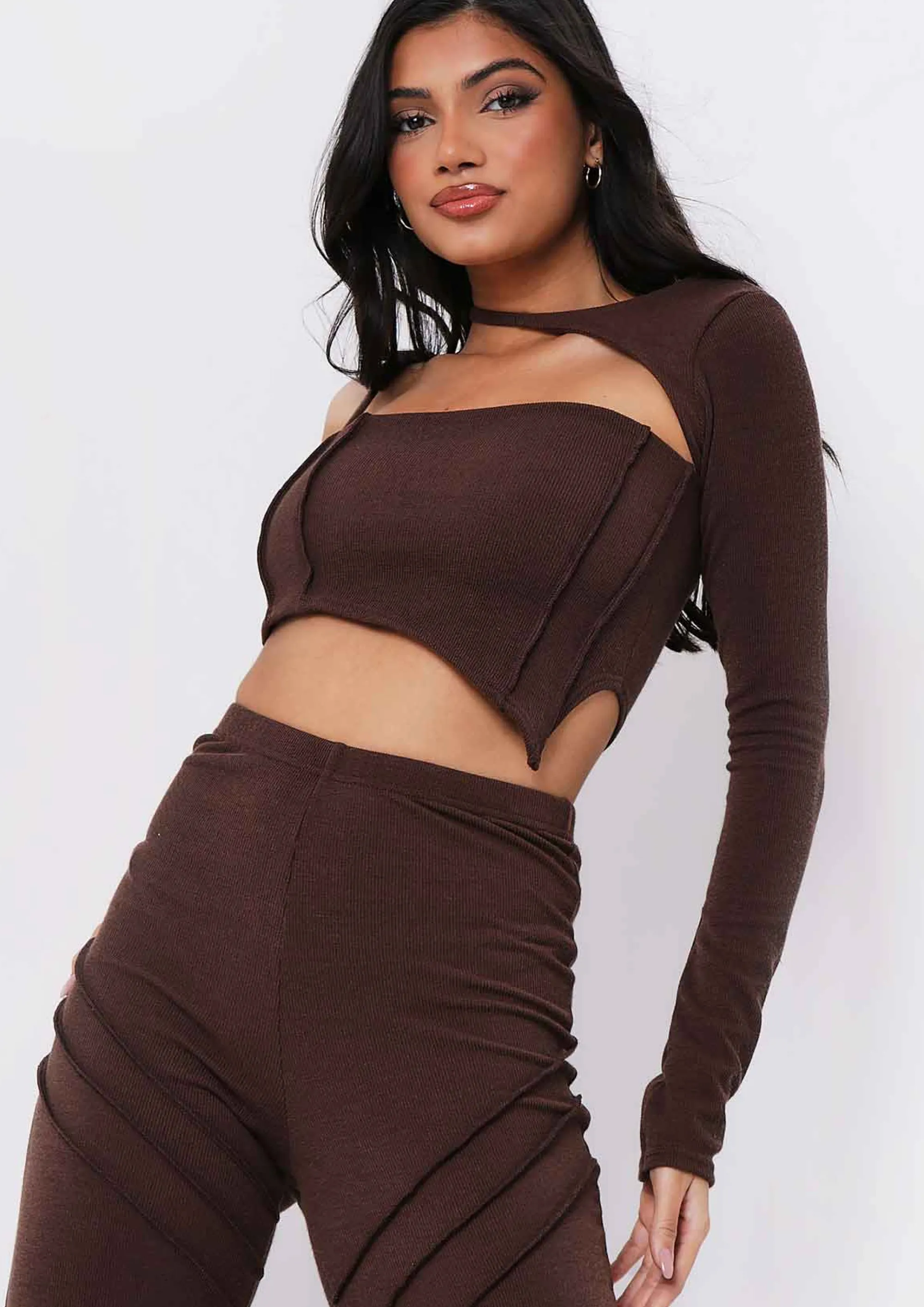 Missy Empire Asher Chocolate Cut Out One Ribbed Shoulder Top Shop