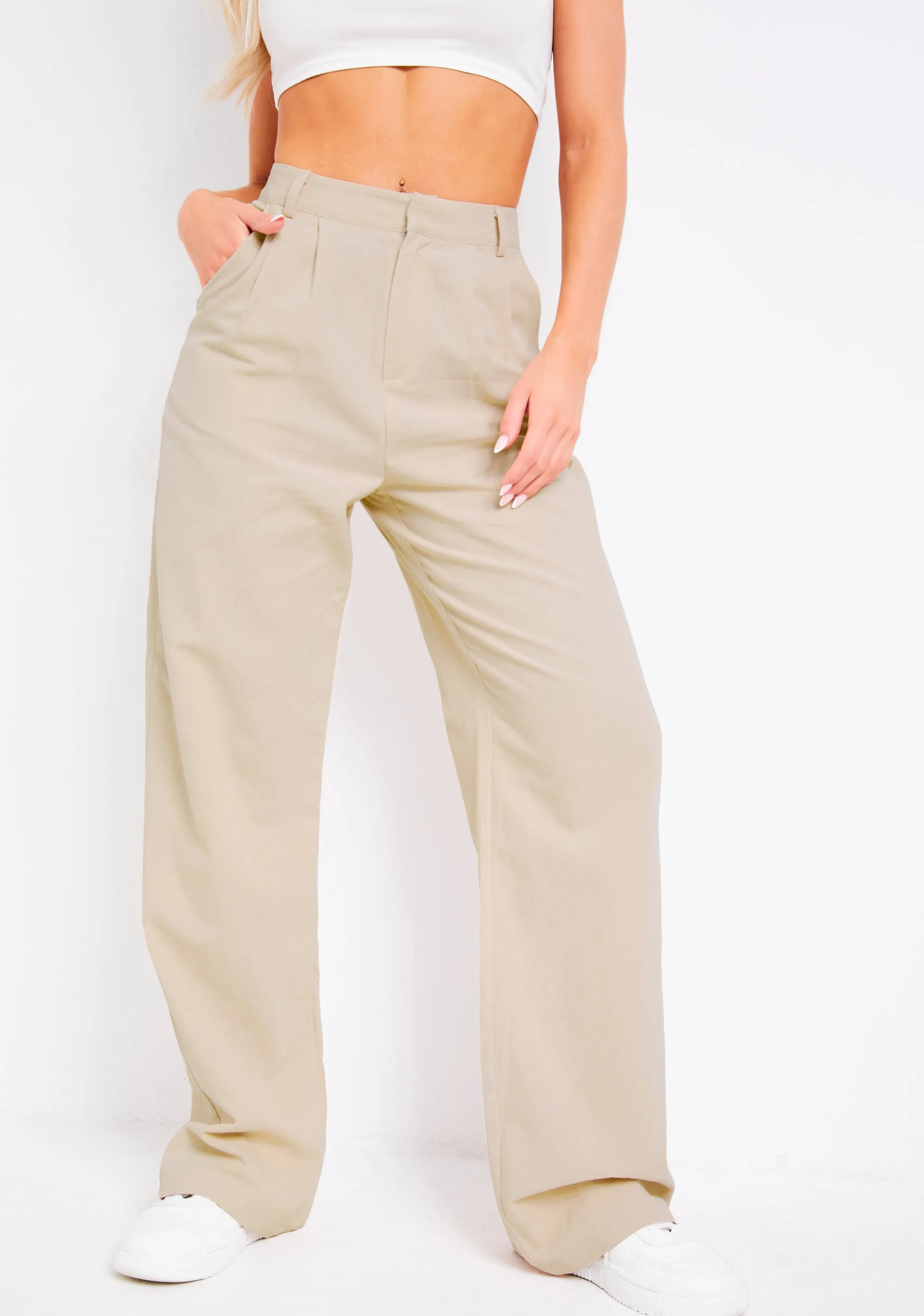 Missy Empire Astra Beige Linen Look Tailored Trousers^Women Trousers