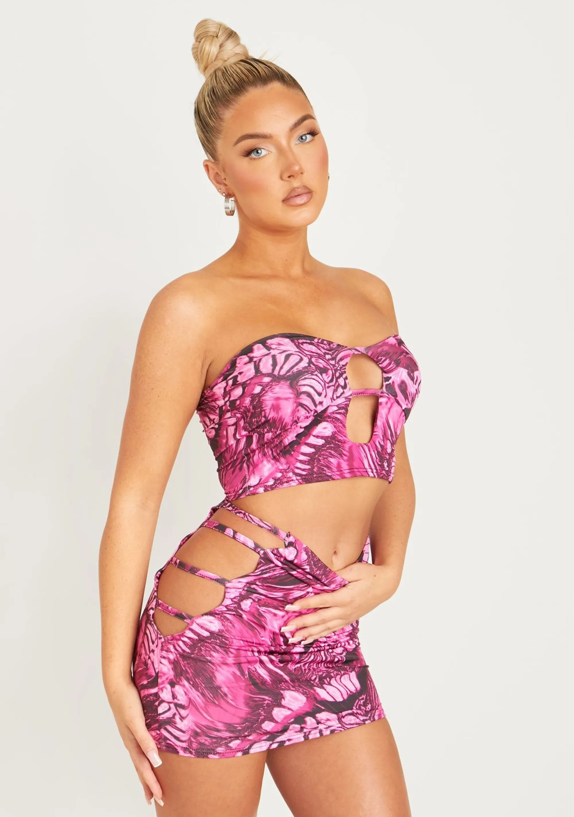 Missy Empire Athena Pink Printed Slinky Cut Out Bandeau Top New