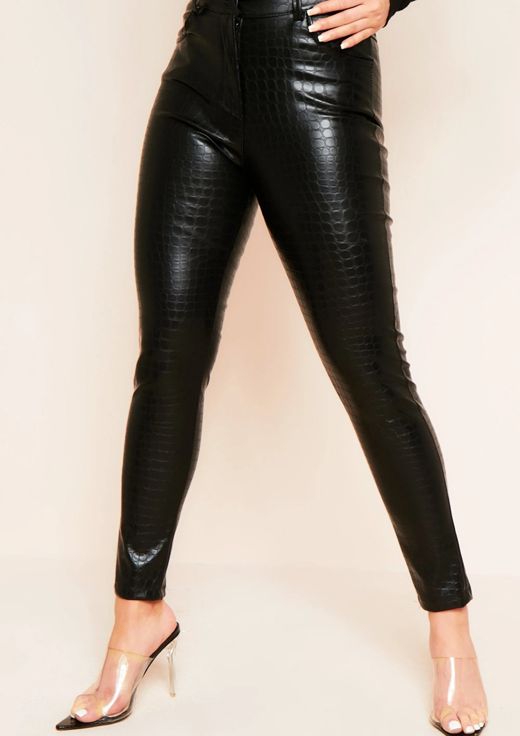 Missy Empire Aubrey Black Croc Print Pu Trousers^Women Trousers