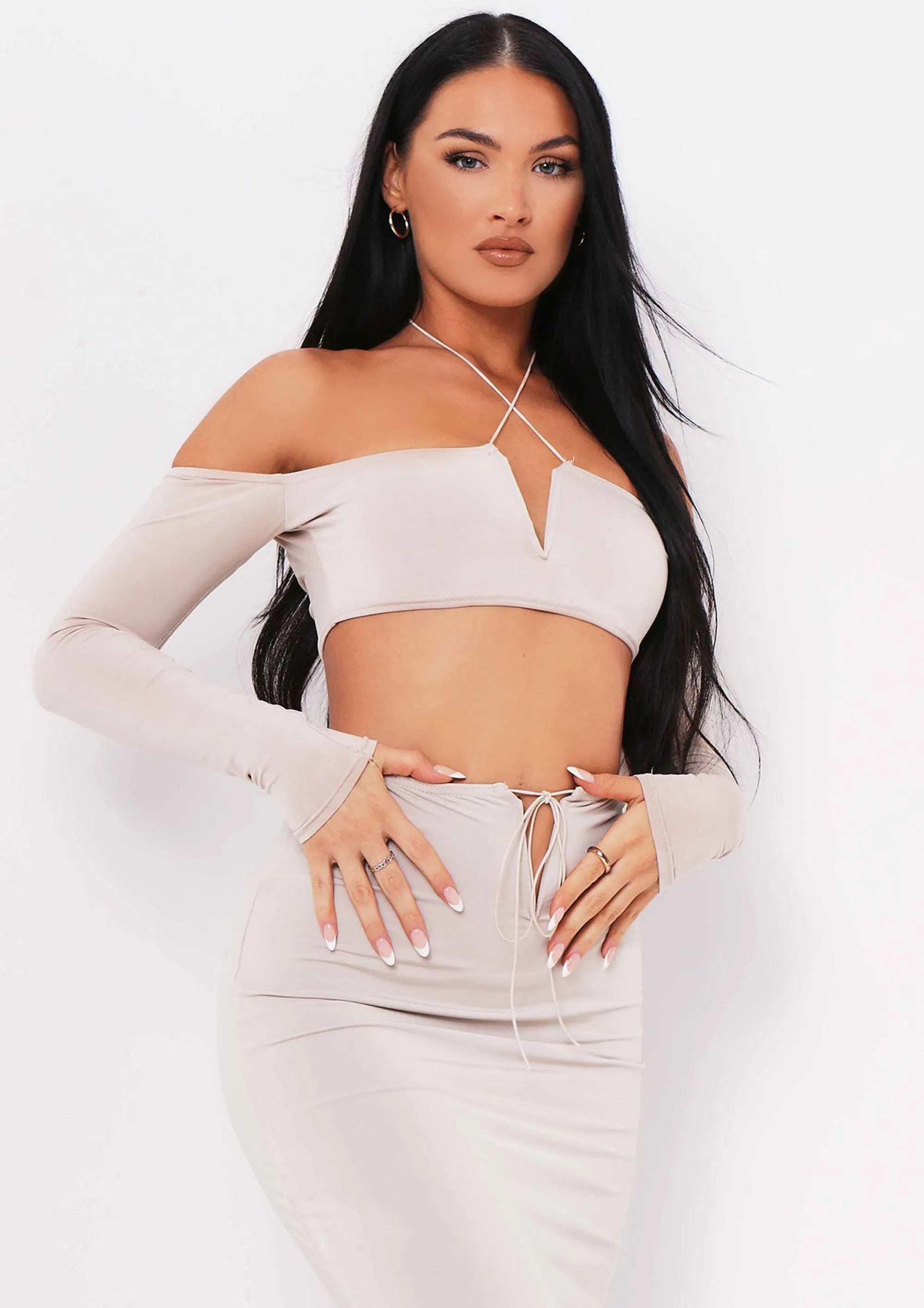 Missy Empire Aziza Sand Halterneck V Bar Cold Shoulder Crop Top Flash Sale