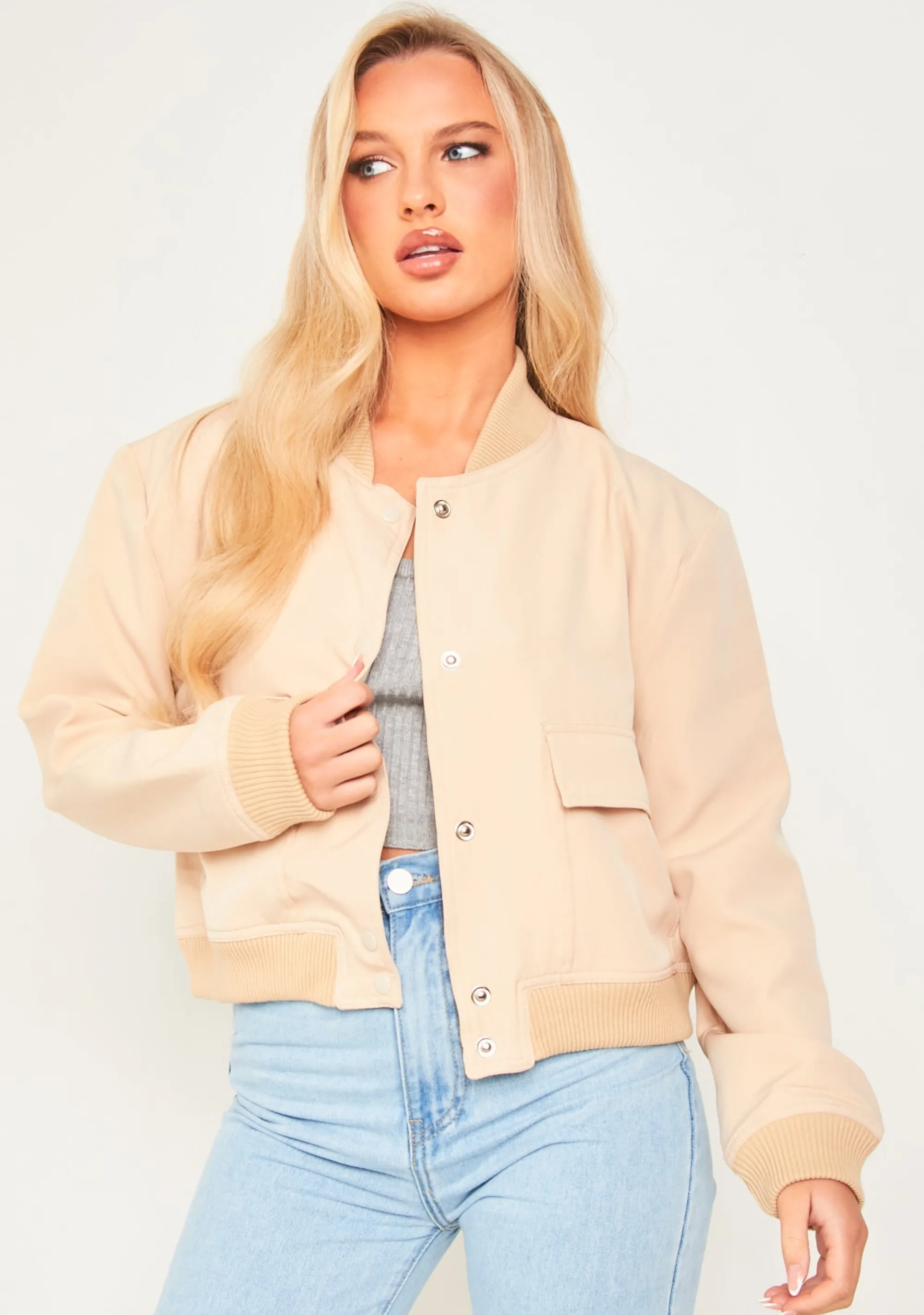 Missy Empire Becca Beige Button Up Cropped Bomber Jacket Flash Sale