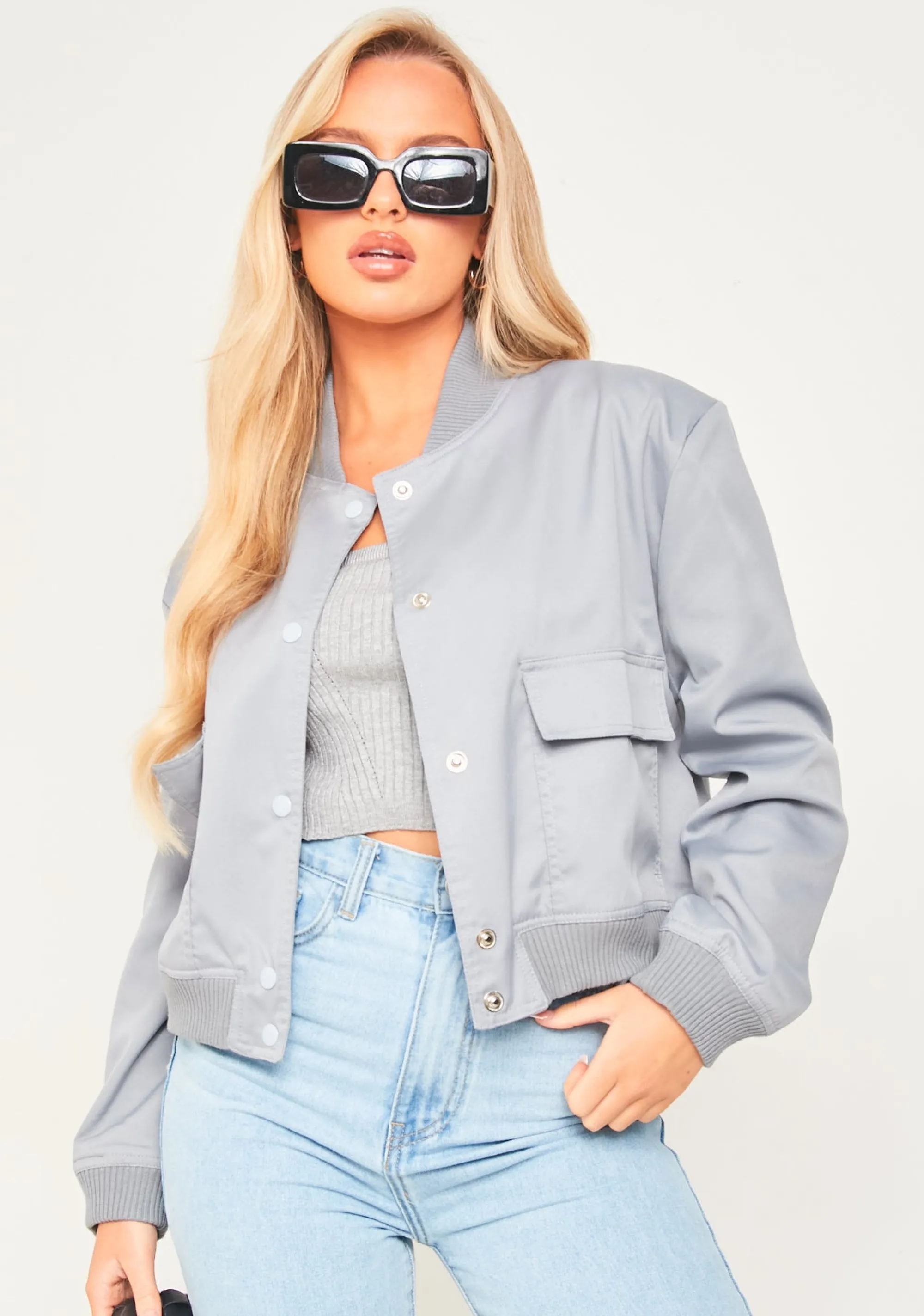 Missy Empire Becca Light Grey Button Up Cropped Bomber Jacket Flash Sale