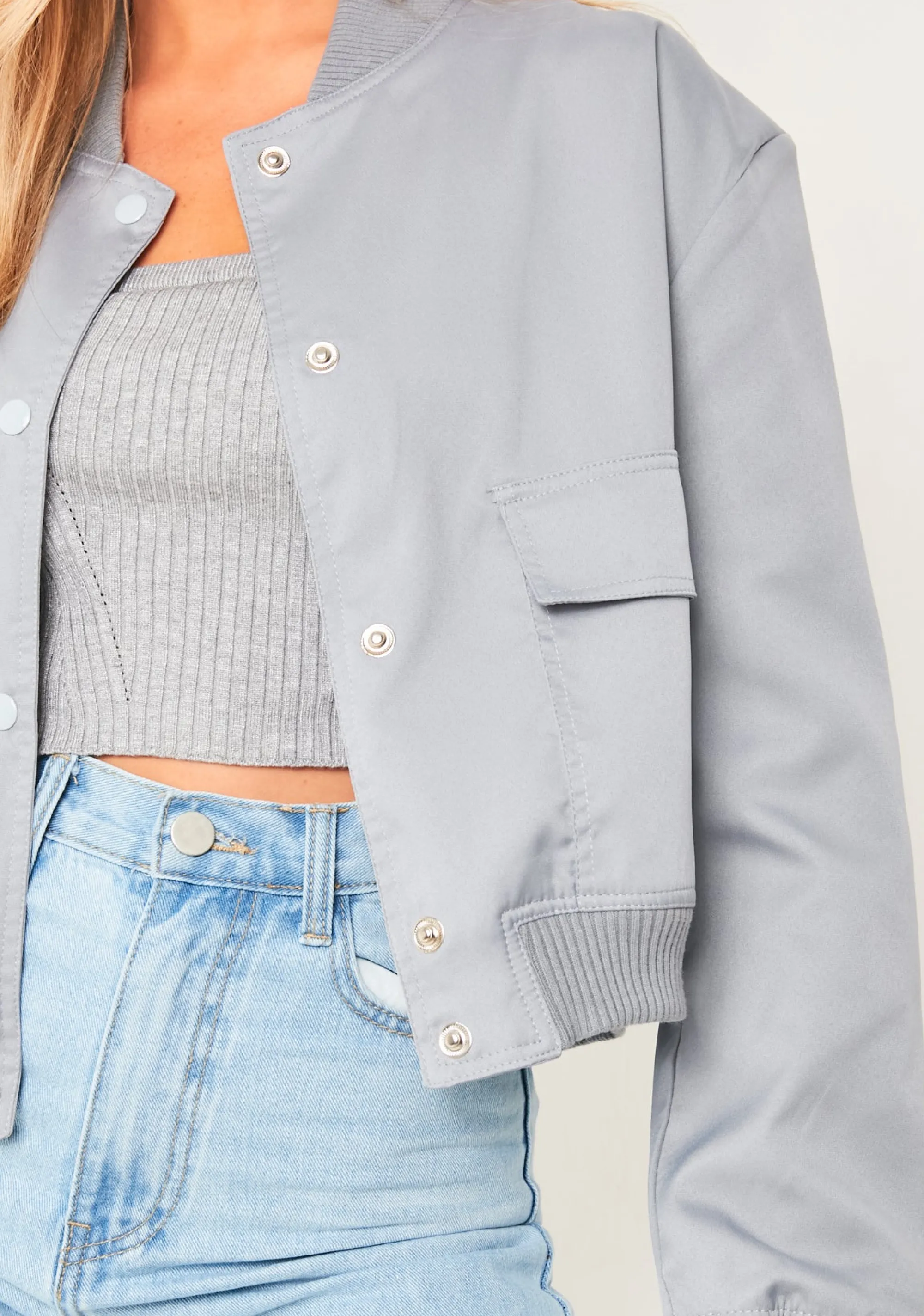 Missy Empire Becca Light Grey Button Up Cropped Bomber Jacket Flash Sale