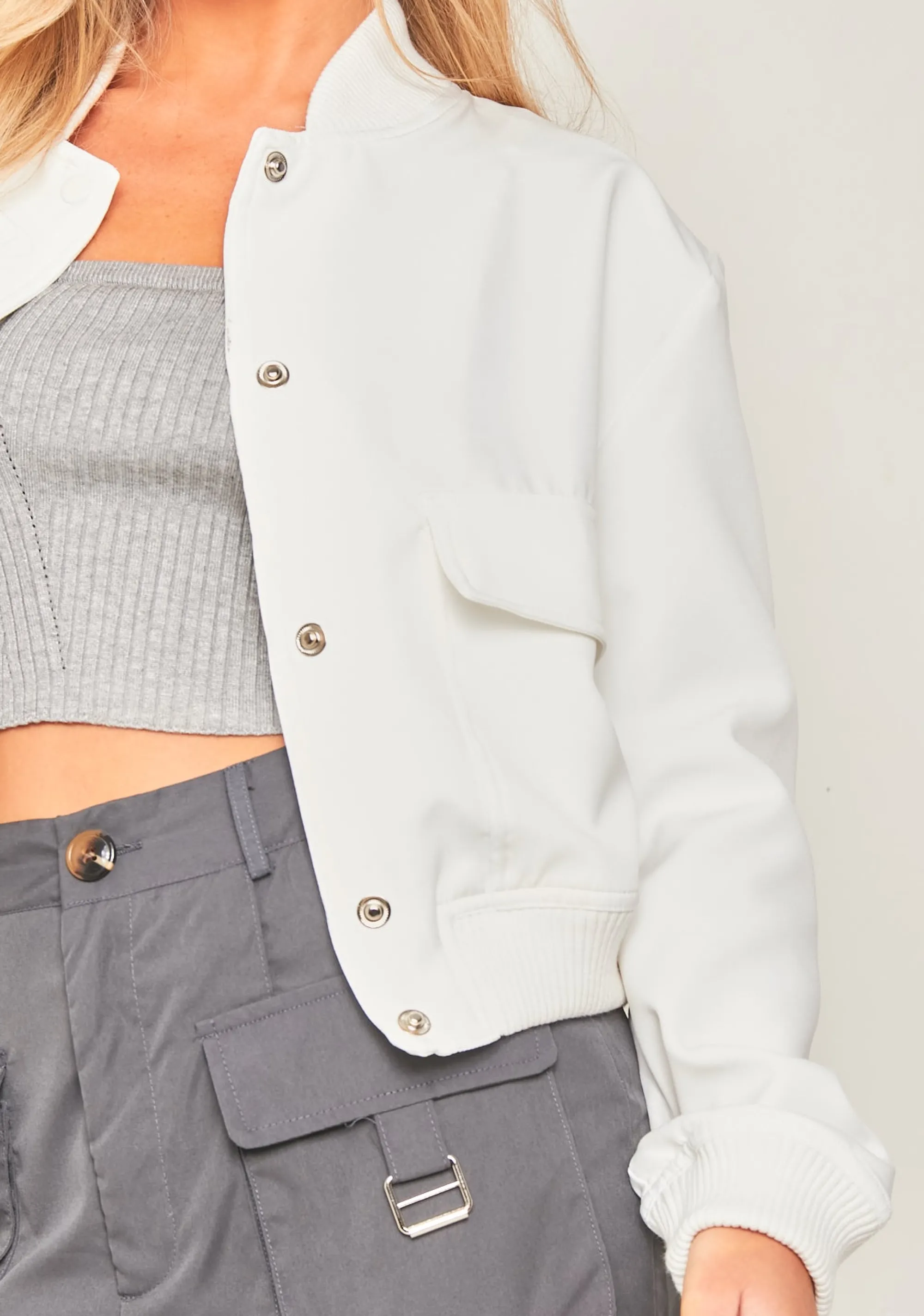 Missy Empire Becca White Button Up Cropped Bomber Jacket Cheap