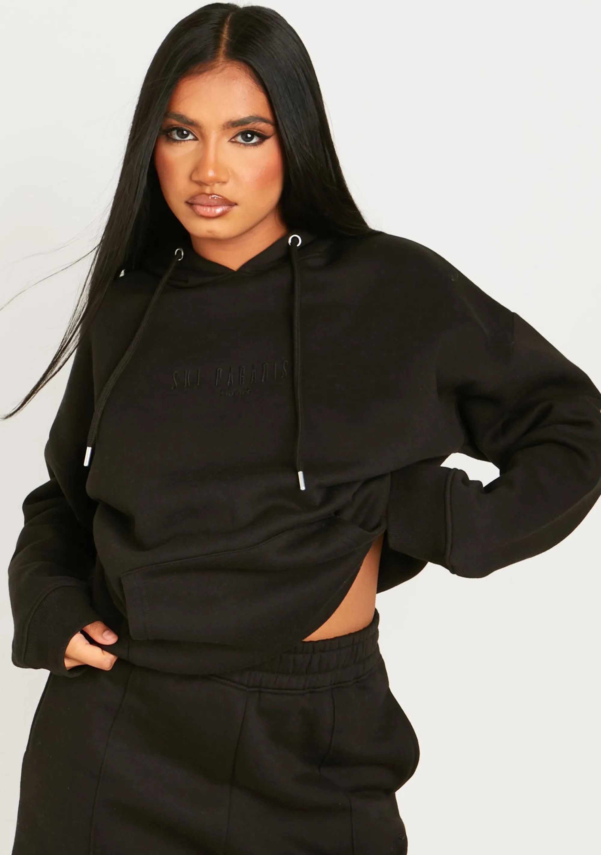 Missy Empire Bella Black Ski Paradise Embroidered Oversized Hoodie^Women Tracksuits