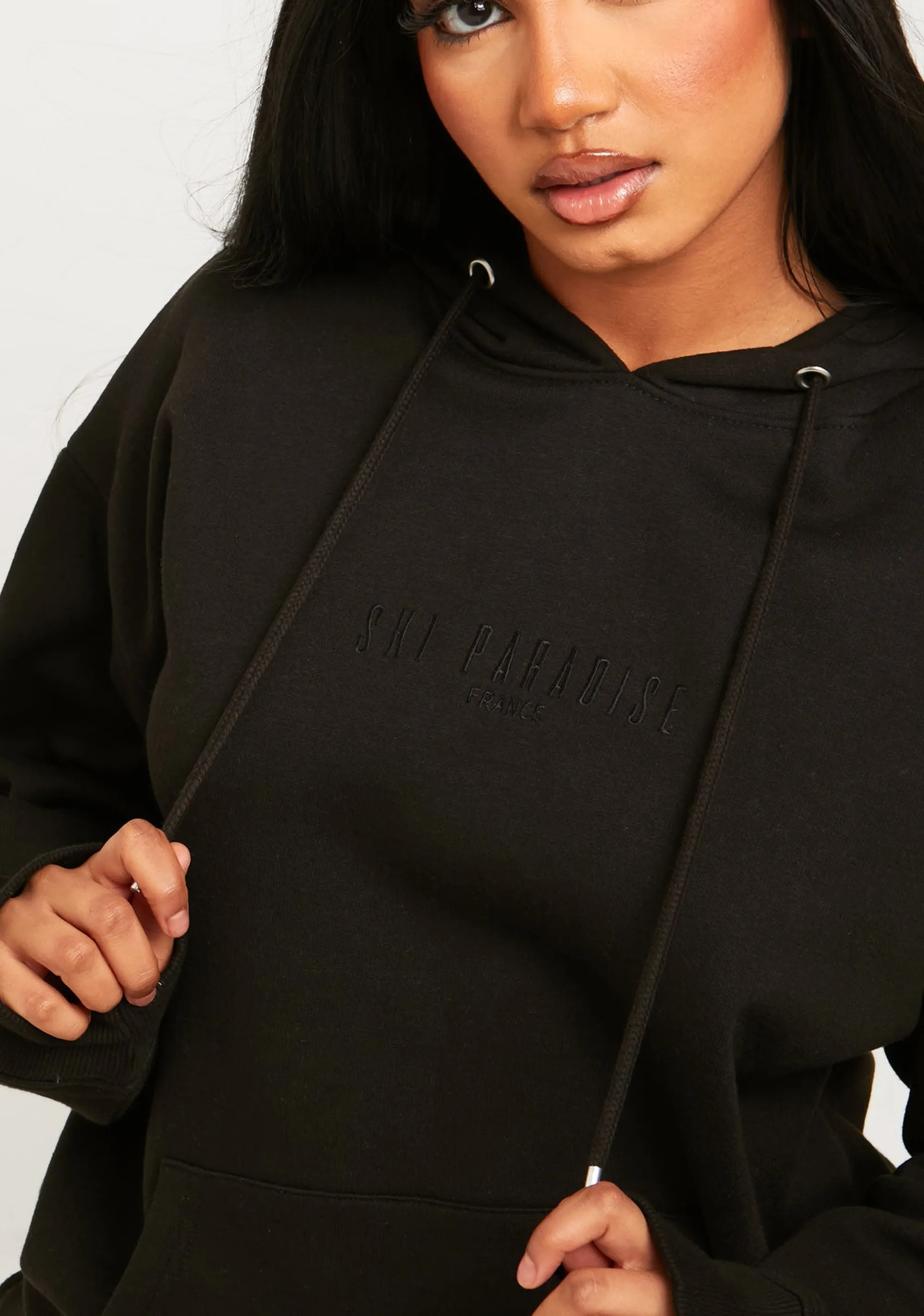 Missy Empire Bella Black Ski Paradise Embroidered Oversized Hoodie^Women Tracksuits