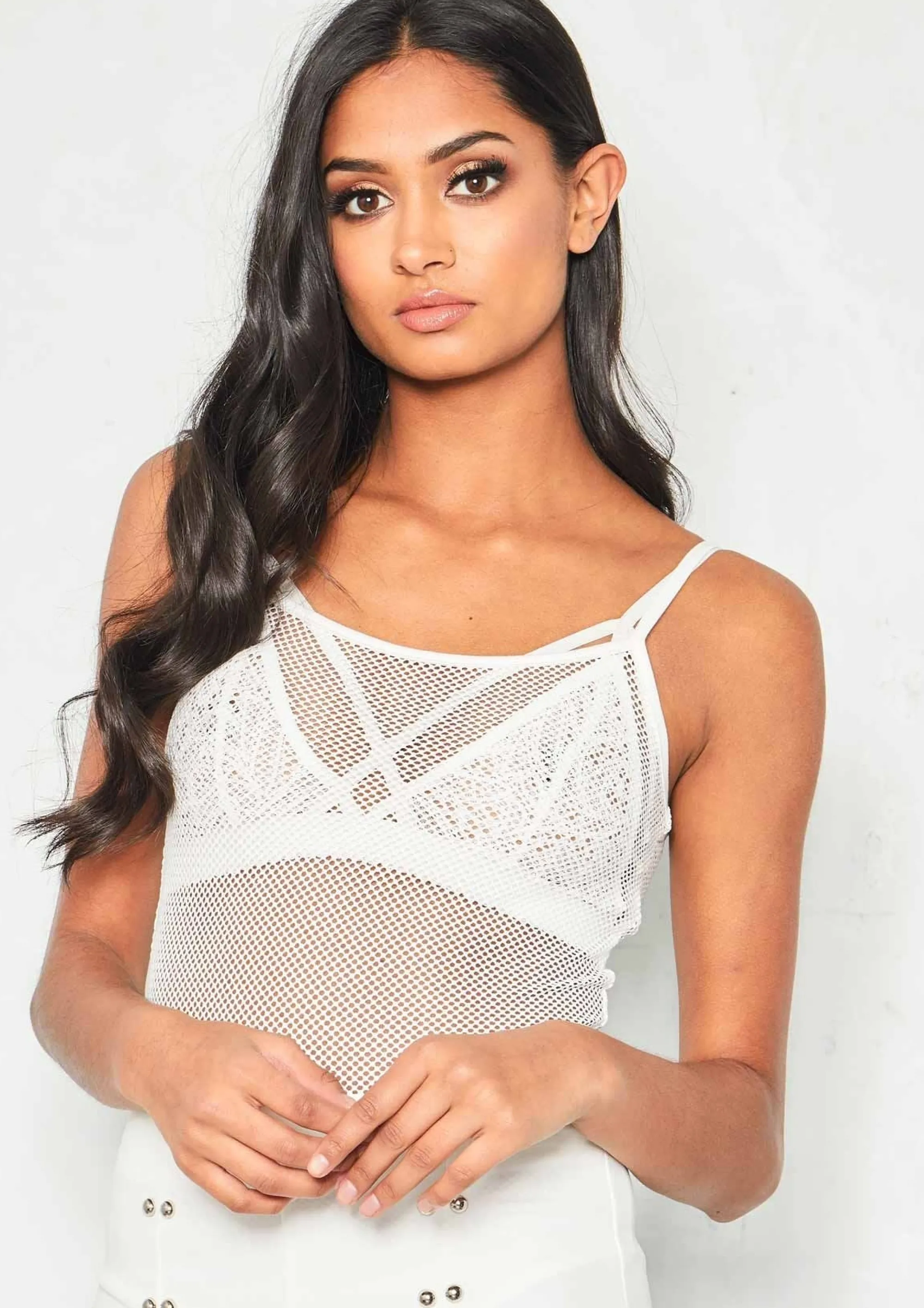 Missy Empire Beth White Fishnet Mesh Spaghetti Strap Bodysuit Online