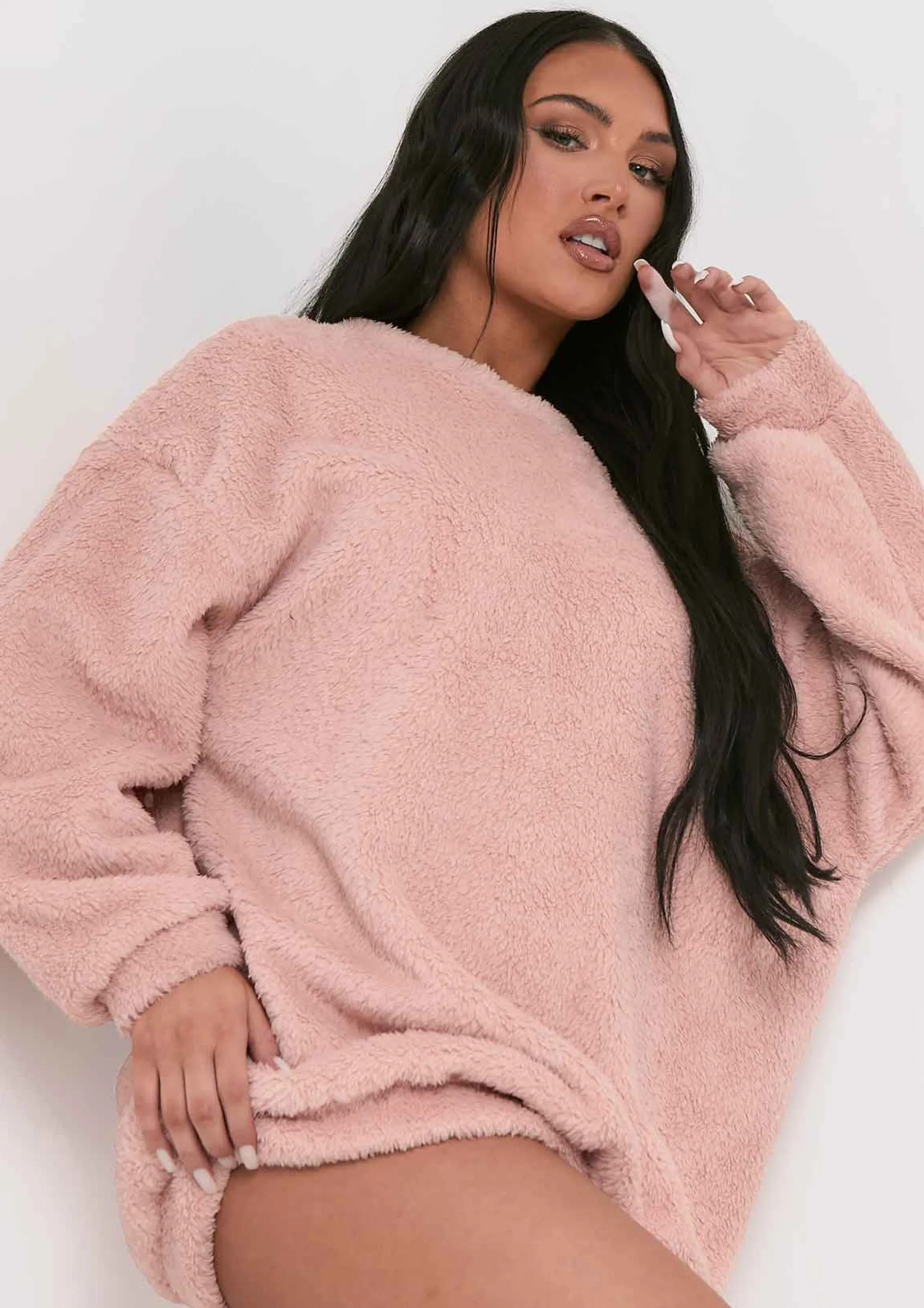 Missy Empire Bethany Pink Fluffy Borg V Back Jumper Dress^Women Nightwear