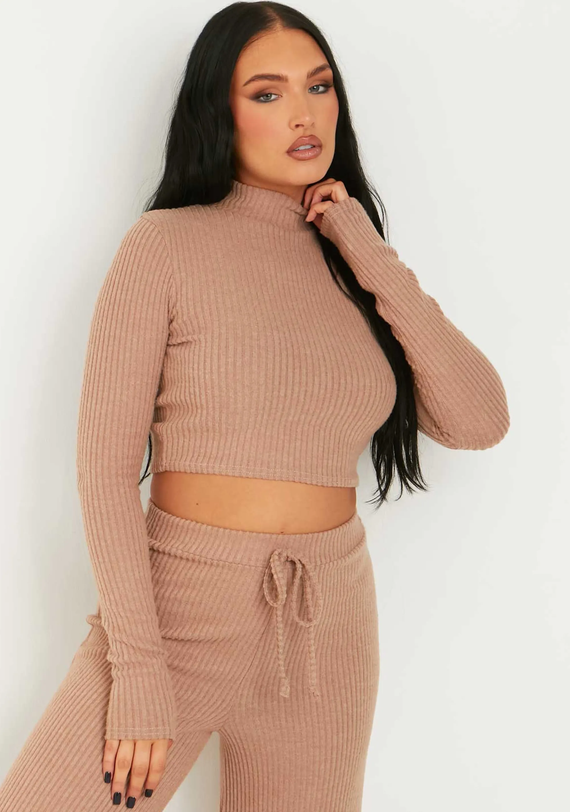 Missy Empire Billie Brown Rib High Neck Crop Top Cheap