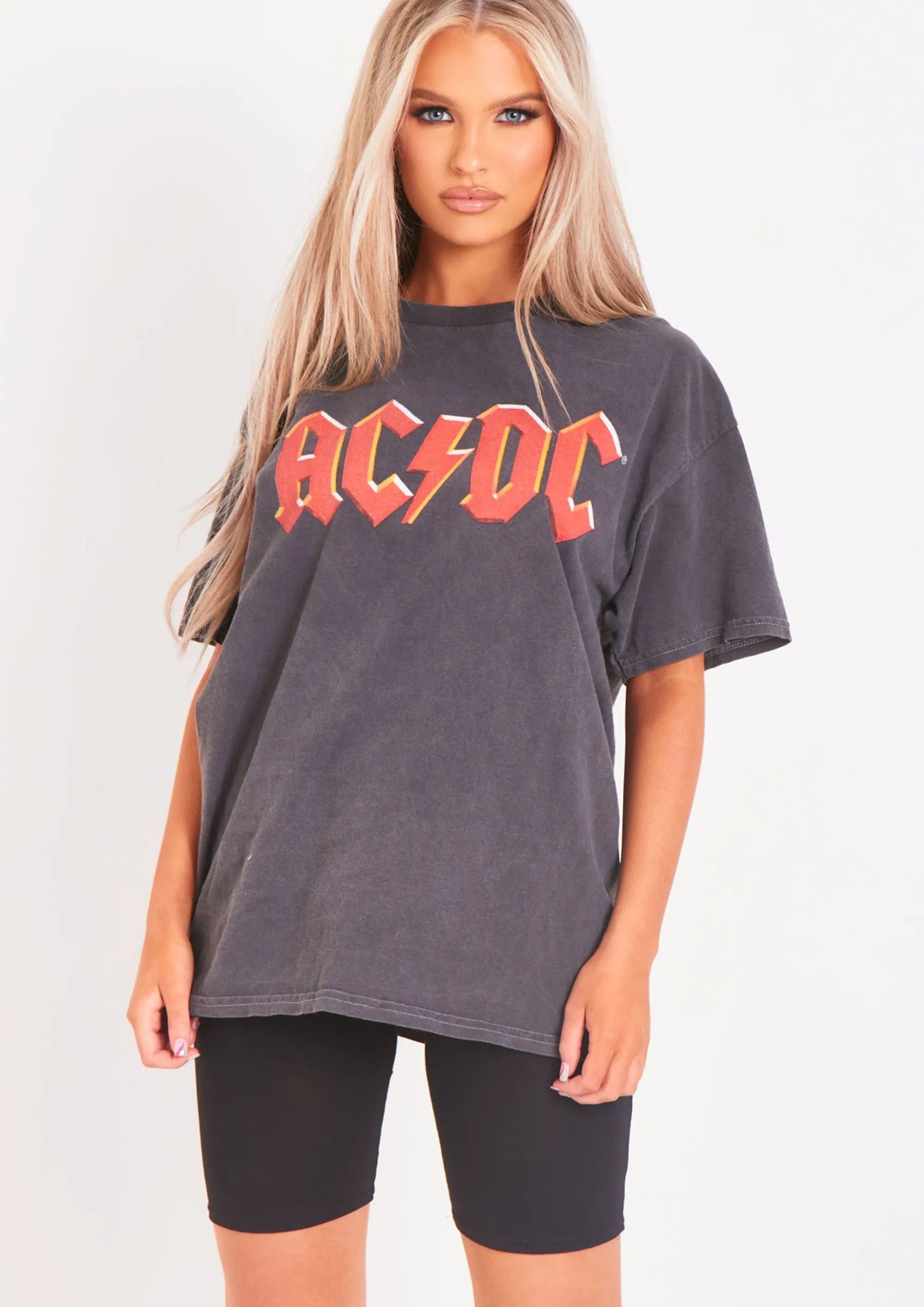 Missy Empire Blakely Acdc Washed Black Oversized Graphic T-Shirt Outlet