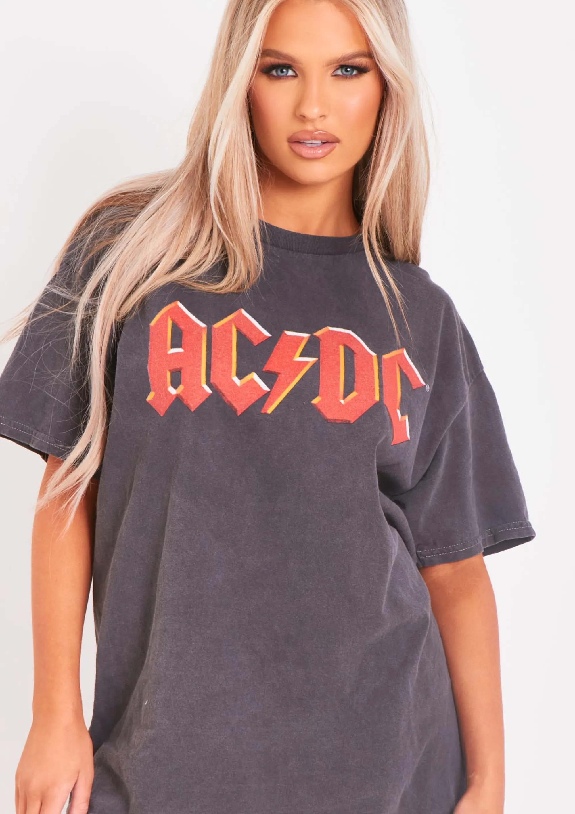 Missy Empire Blakely Acdc Washed Black Oversized Graphic T-Shirt Outlet