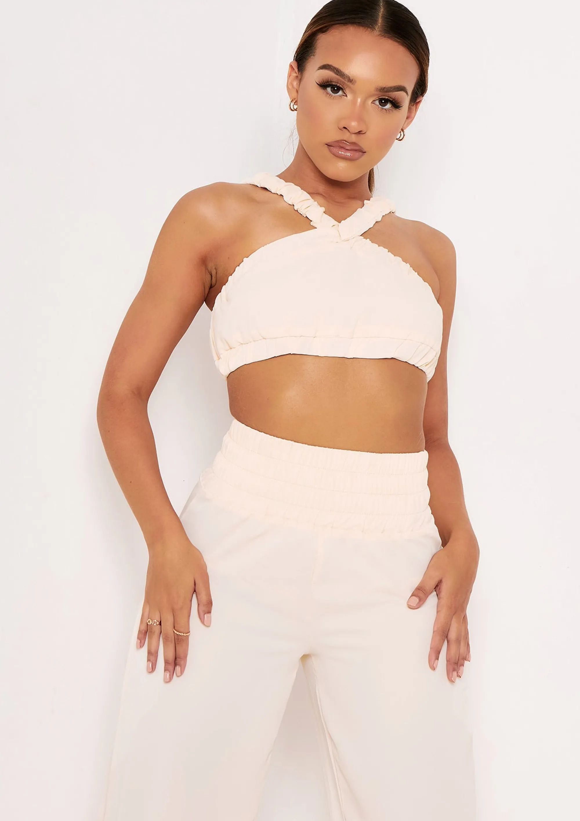 Missy Empire Britta Cream Cross Strap Pleat Detail Crop Top Best Sale