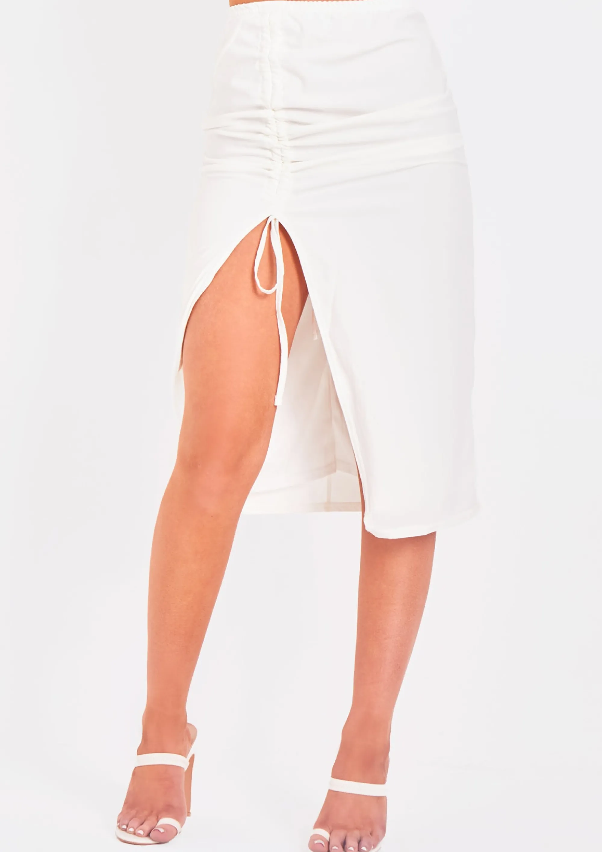 Missy Empire Brogan Ivory Ruched Side Split Midi Skirt Hot