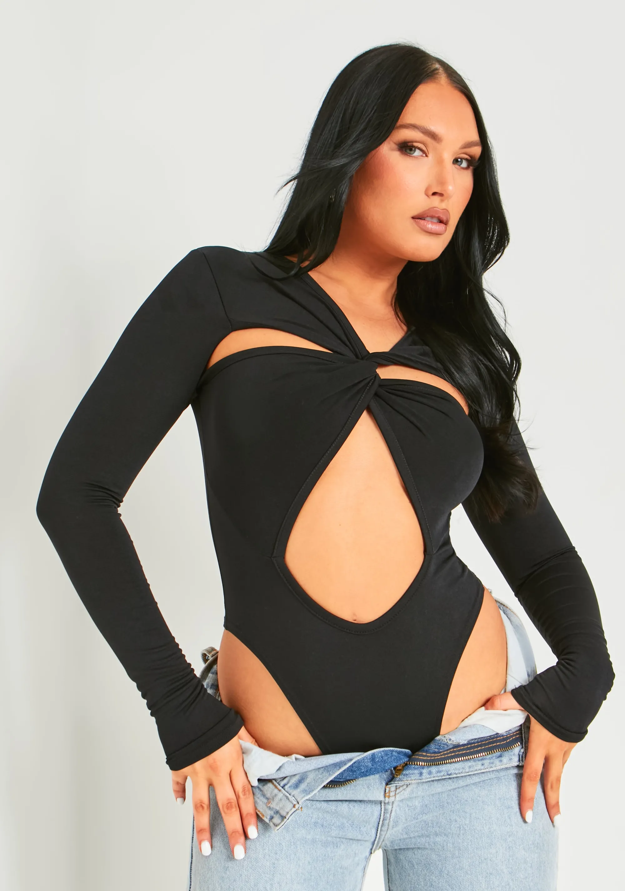 Missy Empire Bronte Black Cut Out Asymmetric Long Sleeve Bodysuit Best