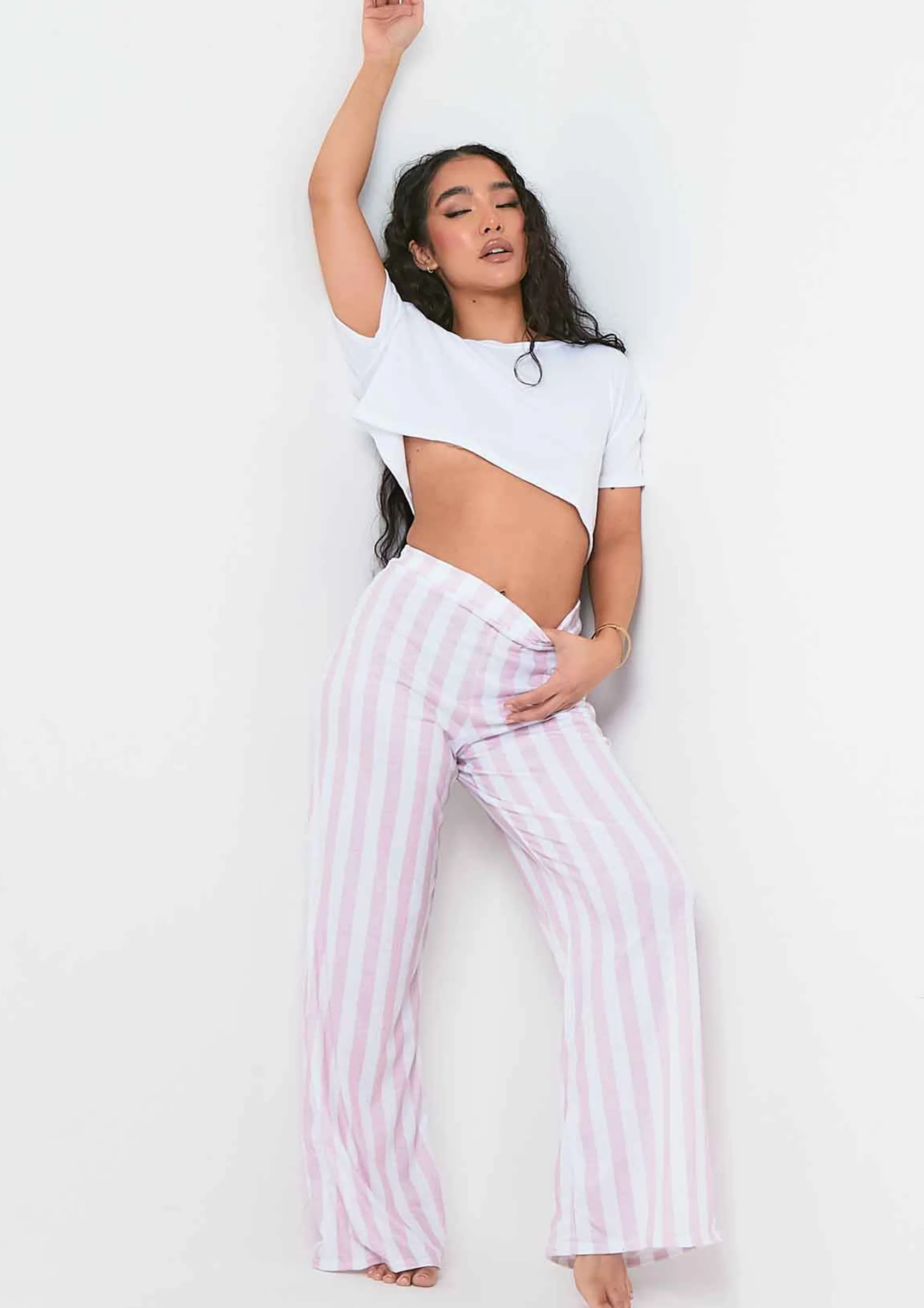 Missy Empire Caitlin White & Pink Stripe T-Shirt And Trouser Pyjama Set^Women Nightwear