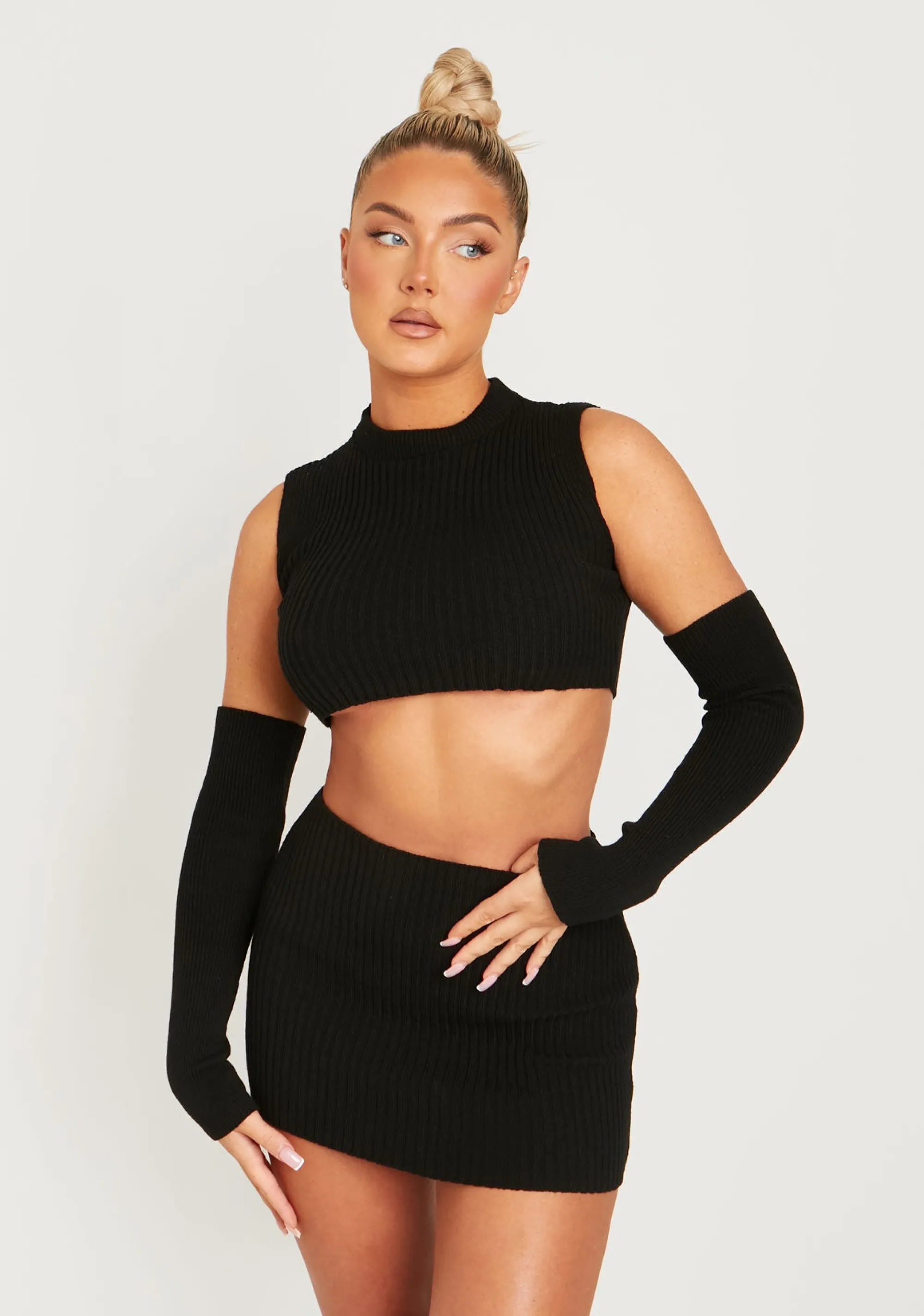 Missy Empire Cali Black Knitted Crop Top With Separate Sleeves Store