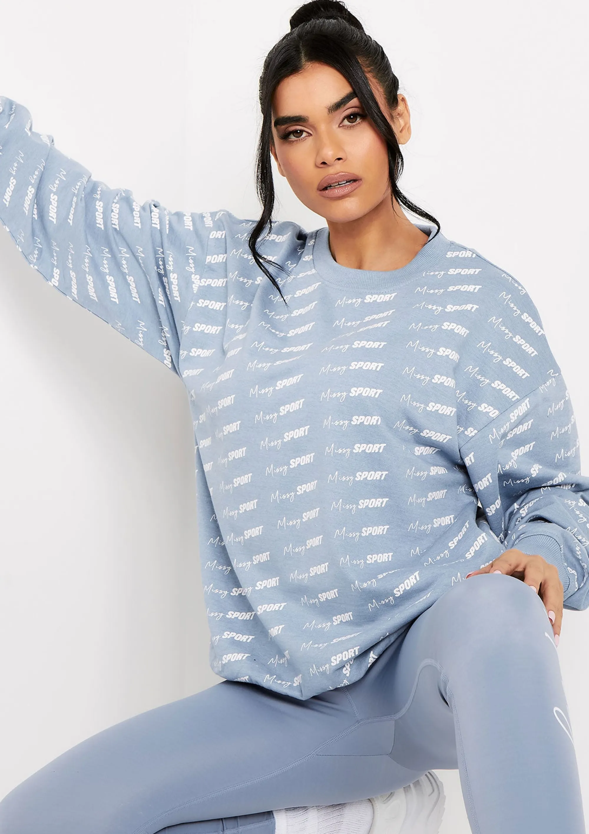 Missy Empire Cali Mid Blue Missy Sport Repeat Branded Print Oversized Sweatshirt^Women Loungewear