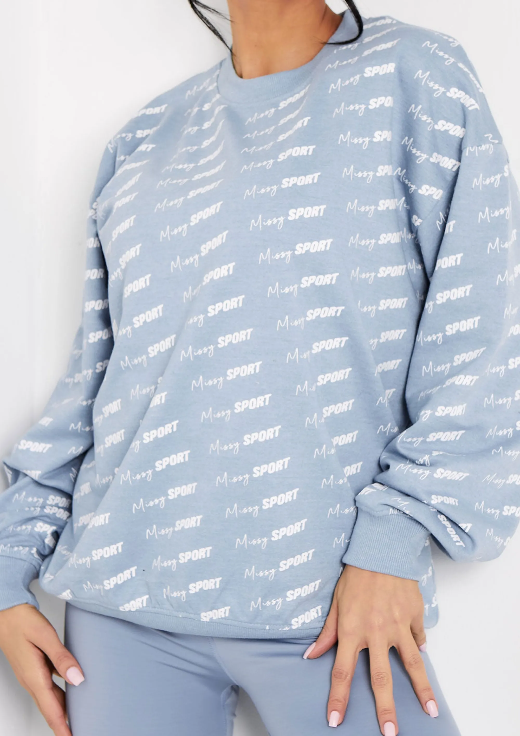 Missy Empire Cali Mid Blue Missy Sport Repeat Branded Print Oversized Sweatshirt^Women Loungewear